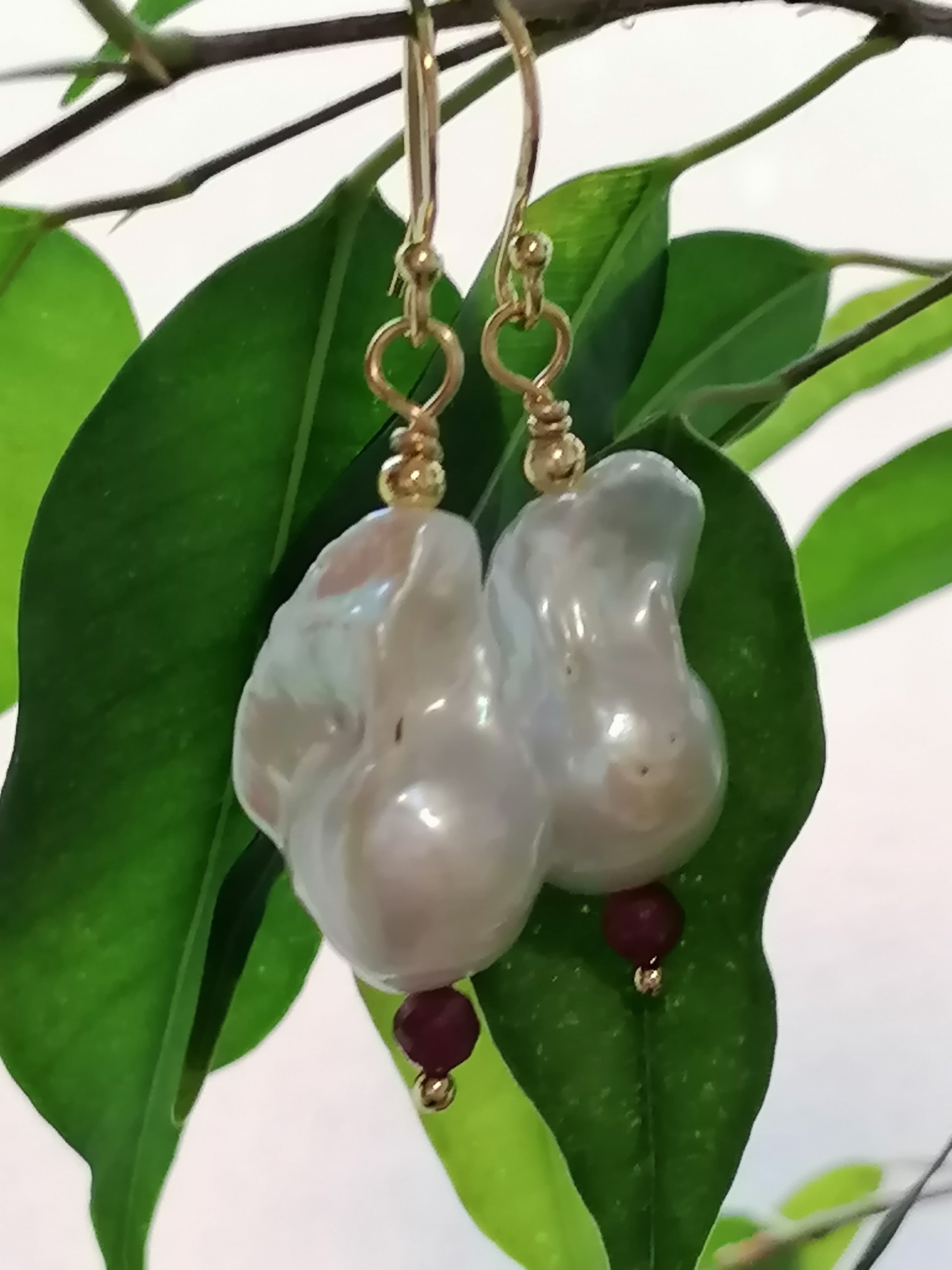 Baroque Flame ball Pearl & Ruby Drop Earrings | 24ct Gold Vermeil