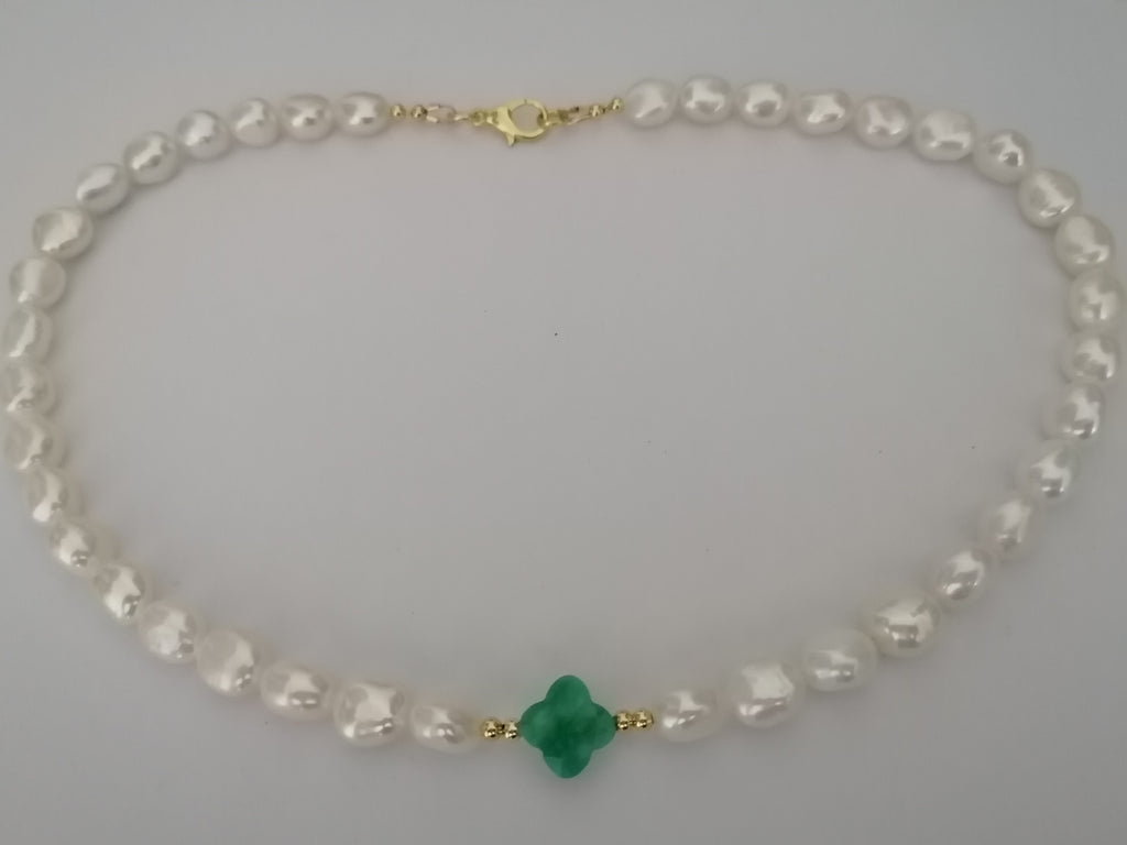 Cultured Freshwater Baroque Pearl & Russian Amazonite Quatrefoil Necklace | Gold Plated