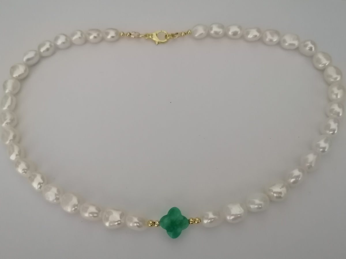 Cultured Freshwater Baroque Pearl & Russian Amazonite Quatrefoil Necklace | Gold Plated