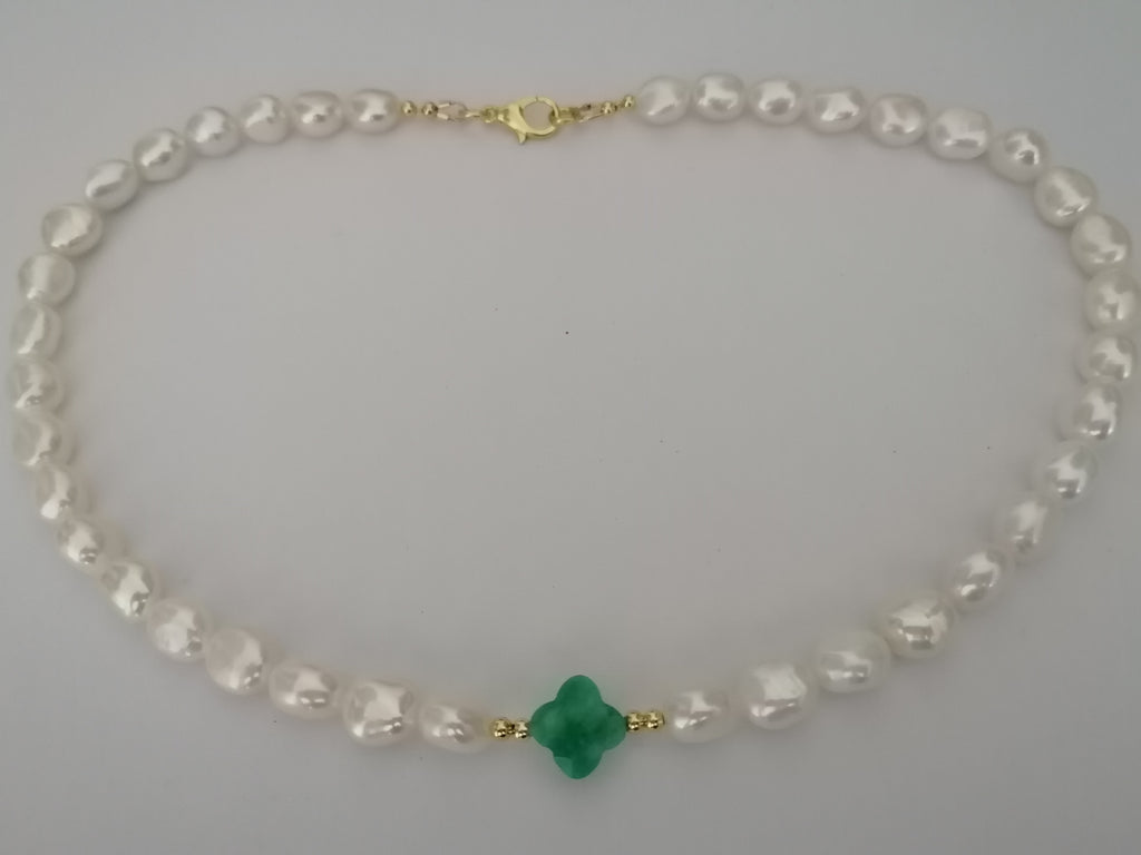 Cultured Freshwater Baroque Pearl & Russian Amazonite Quatrefoil Necklace | Gold Plated