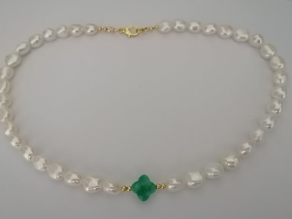 Cultured Freshwater Baroque Pearl & Russian Amazonite Quatrefoil Necklace | Gold Plated
