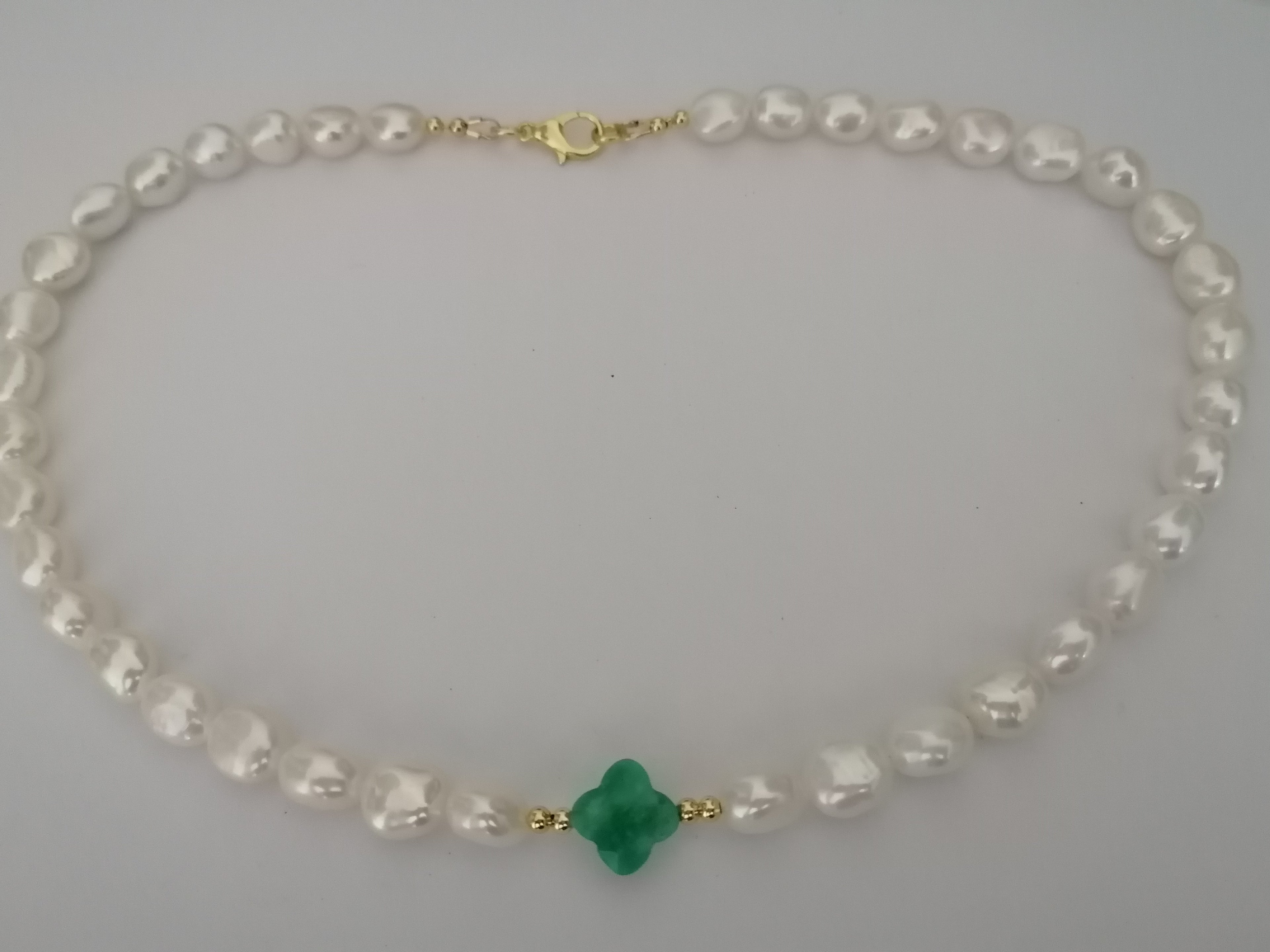 Cultured Freshwater Baroque Pearl & Russian Amazonite Quatrefoil Necklace | Gold Plated