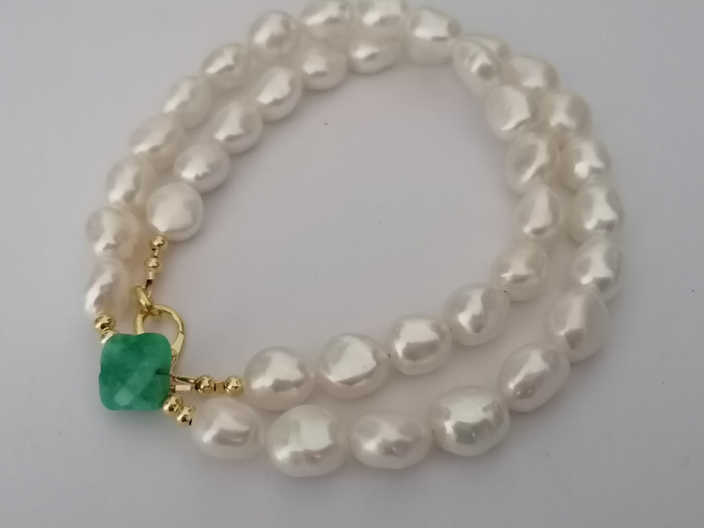 Cultured Freshwater Baroque Pearl & Russian Amazonite Quatrefoil Necklace | Gold Plated