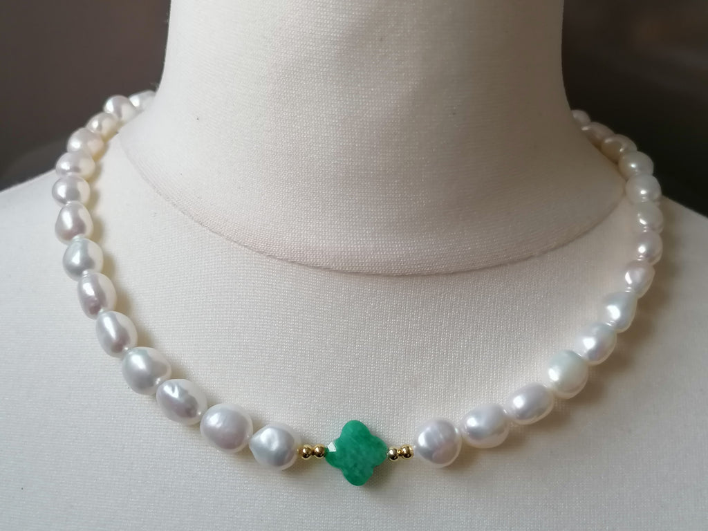 Cultured Freshwater Baroque Pearl & Russian Amazonite Quatrefoil Necklace | Gold Plated
