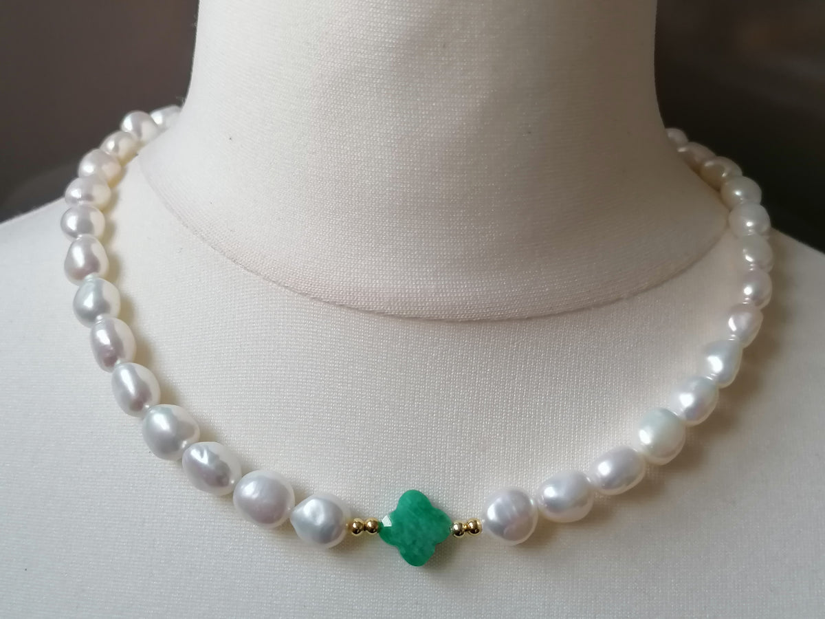 Cultured Freshwater Baroque Pearl & Russian Amazonite Quatrefoil Necklace | Gold Plated