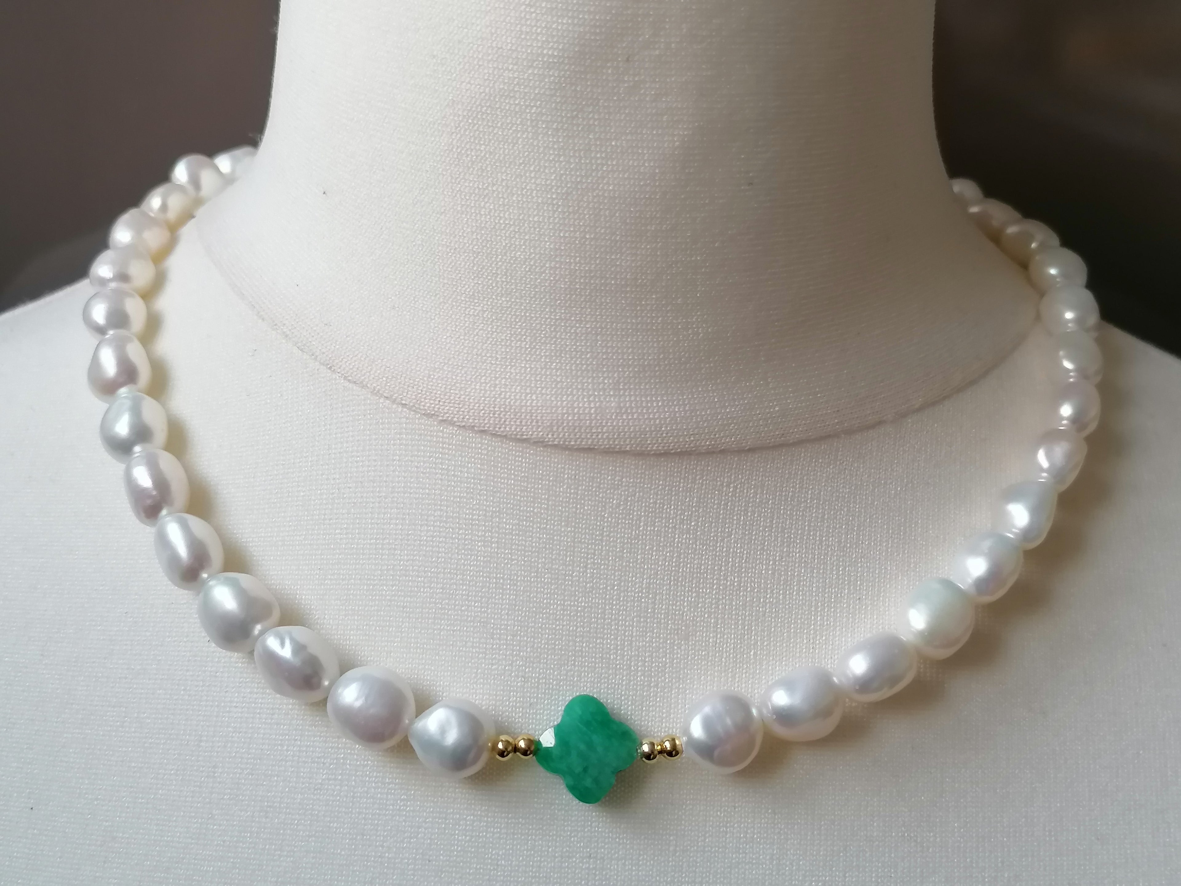 Cultured Freshwater Baroque Pearl & Russian Amazonite Quatrefoil Necklace | Gold Plated