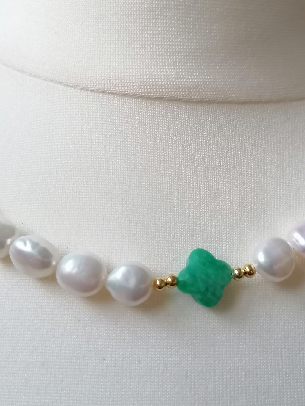 Cultured Freshwater Baroque Pearl & Russian Amazonite Quatrefoil Necklace | Gold Plated