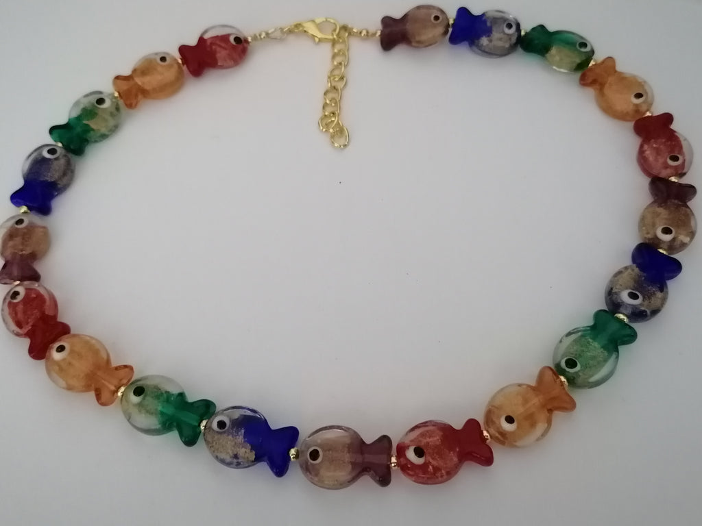 Multicolour Glass Fish Necklace | Red Orange Green Blue Purple | Gold Plated