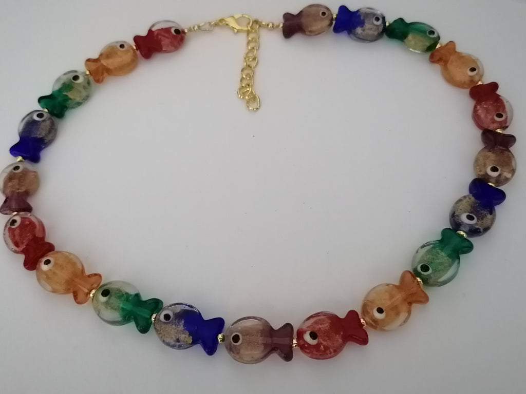 Multicolour Glass Fish Necklace | Red Orange Green Blue Purple | Gold Plated