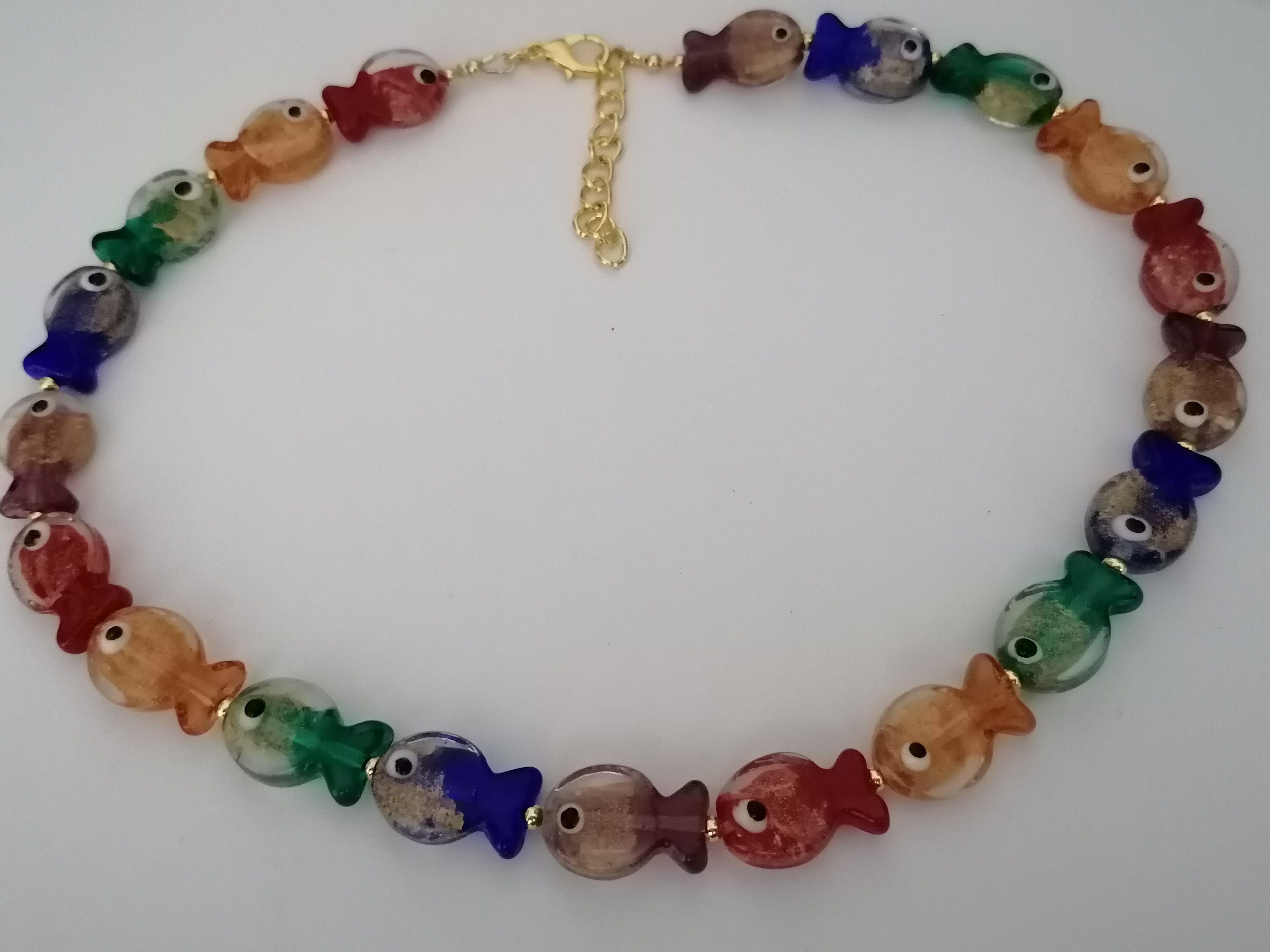 Multicolour Glass Fish Necklace | Red Orange Green Blue Purple | Gold Plated