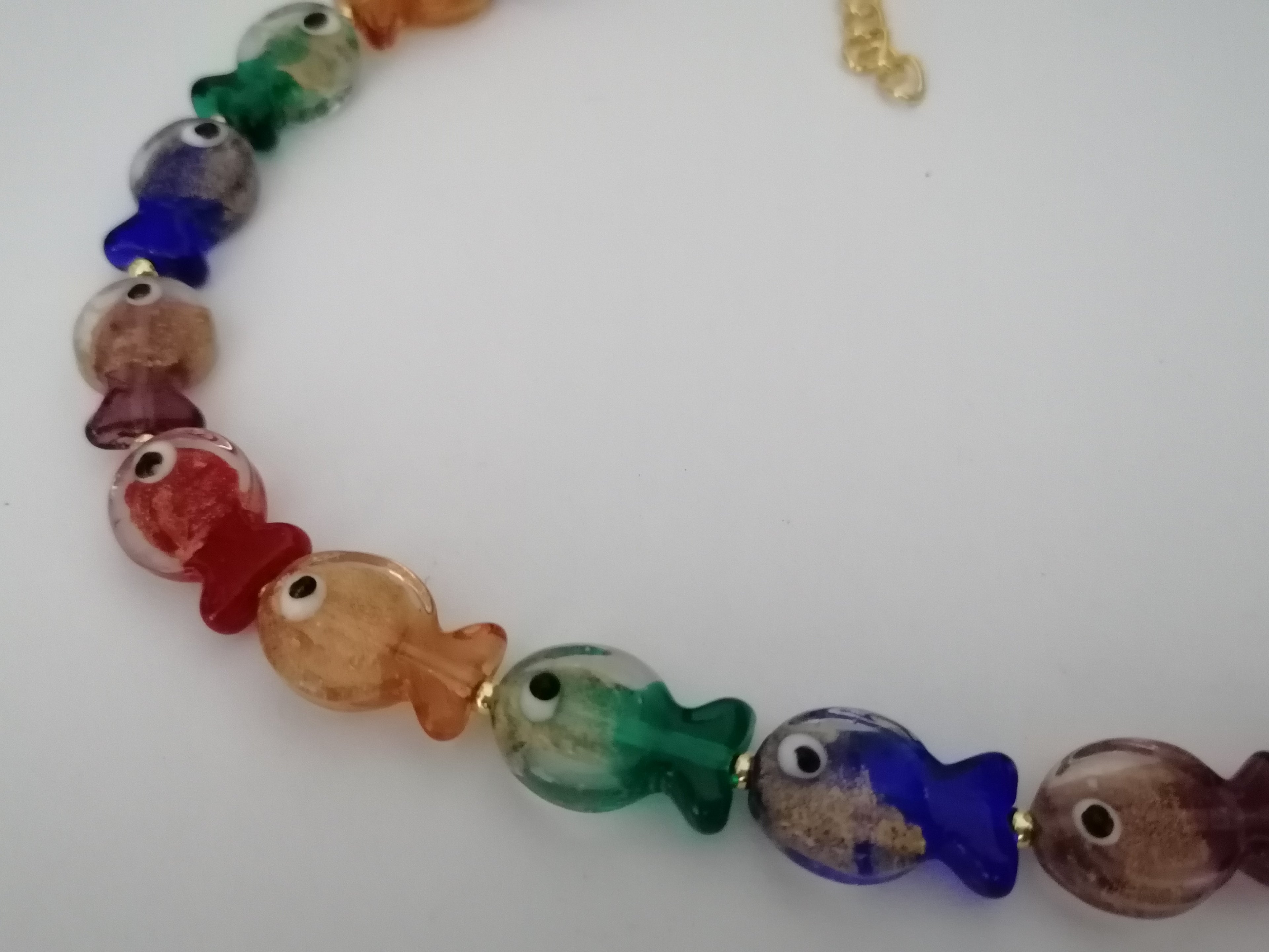 Multicolour Glass Fish Necklace | Red Orange Green Blue Purple | Gold Plated