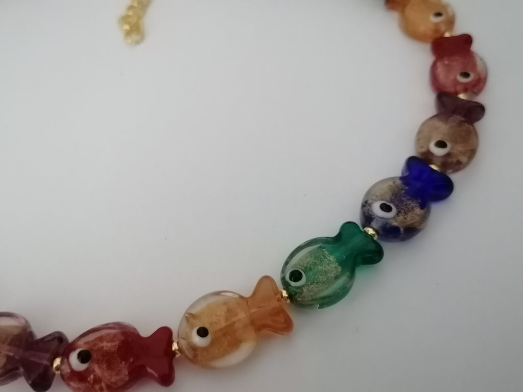 Multicolour Glass Fish Necklace | Red Orange Green Blue Purple | Gold Plated