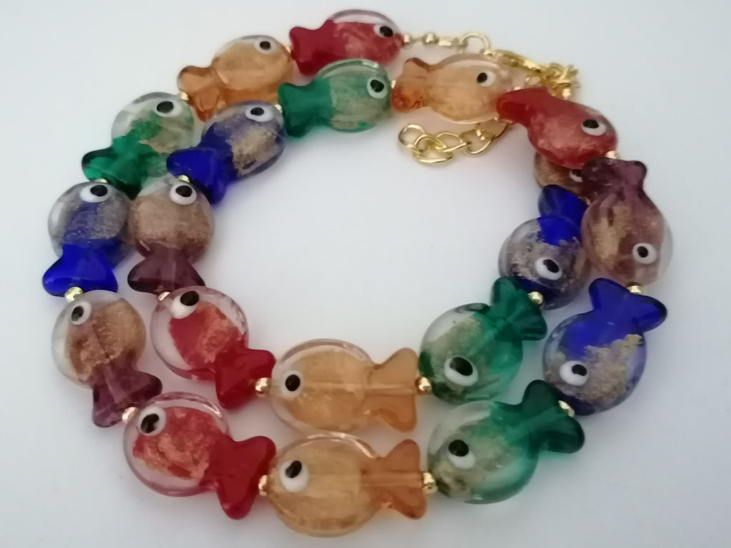Multicolour Glass Fish Necklace | Red Orange Green Blue Purple | Gold Plated
