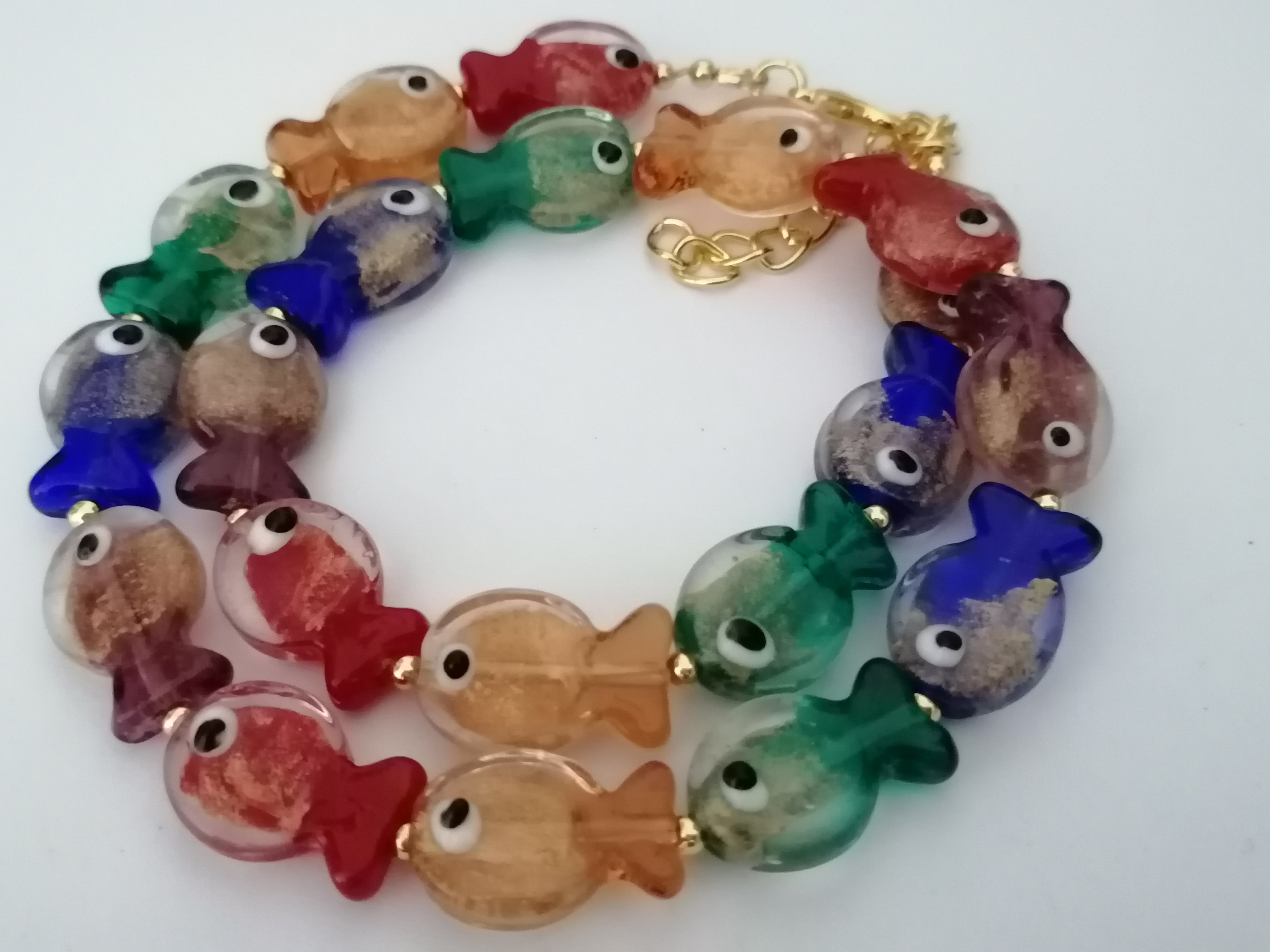 Multicolour Glass Fish Necklace | Red Orange Green Blue Purple | Gold Plated
