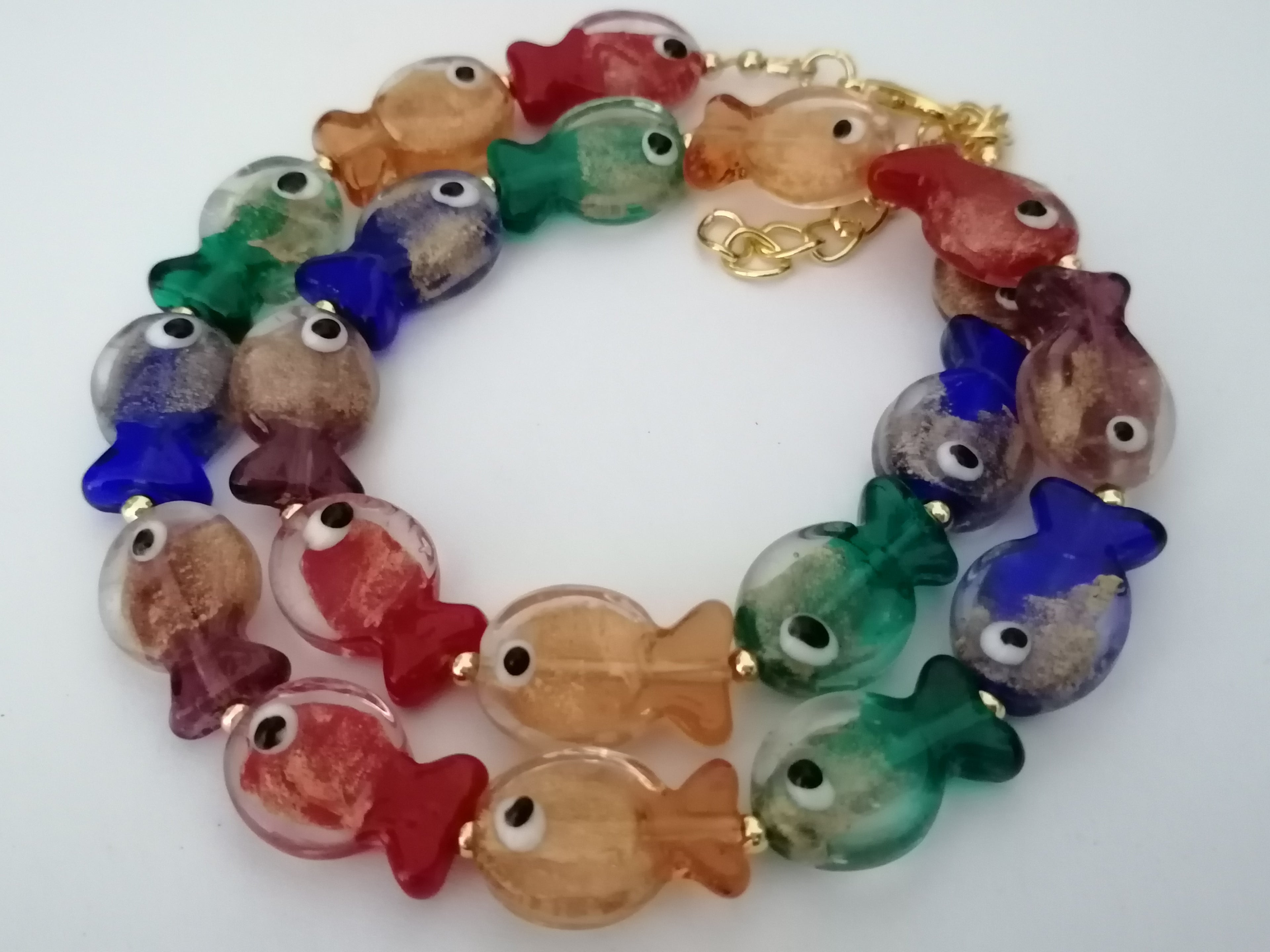 Multicolour Glass Fish Necklace | Red Orange Green Blue Purple | Gold Plated