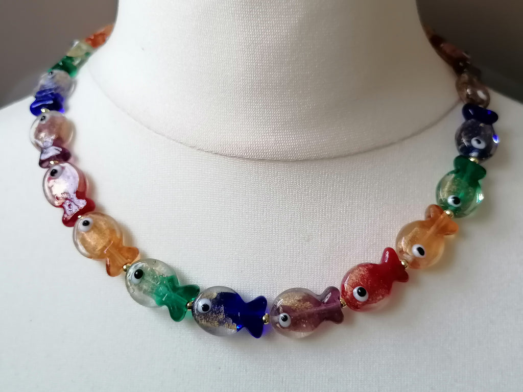 Multicolour Glass Fish Necklace | Red Orange Green Blue Purple | Gold Plated