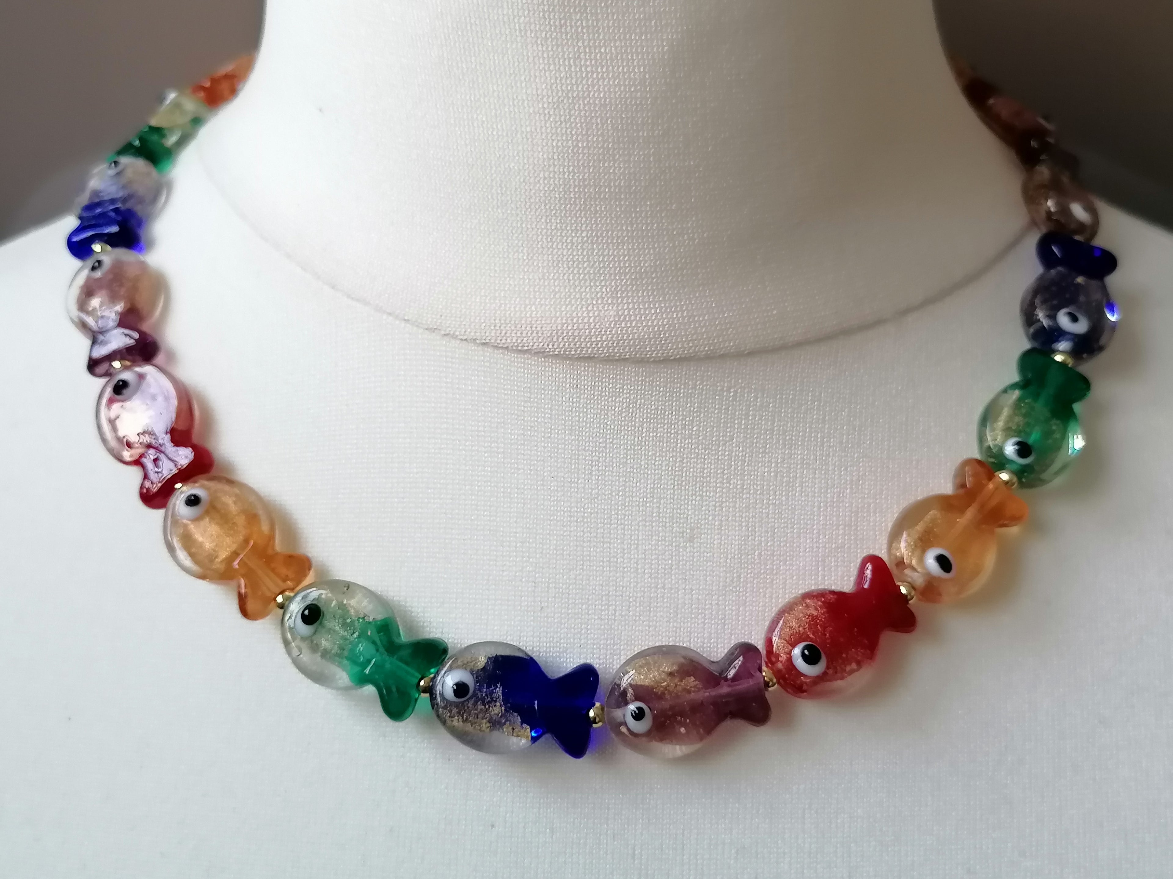 Multicolour Glass Fish Necklace | Red Orange Green Blue Purple | Gold Plated