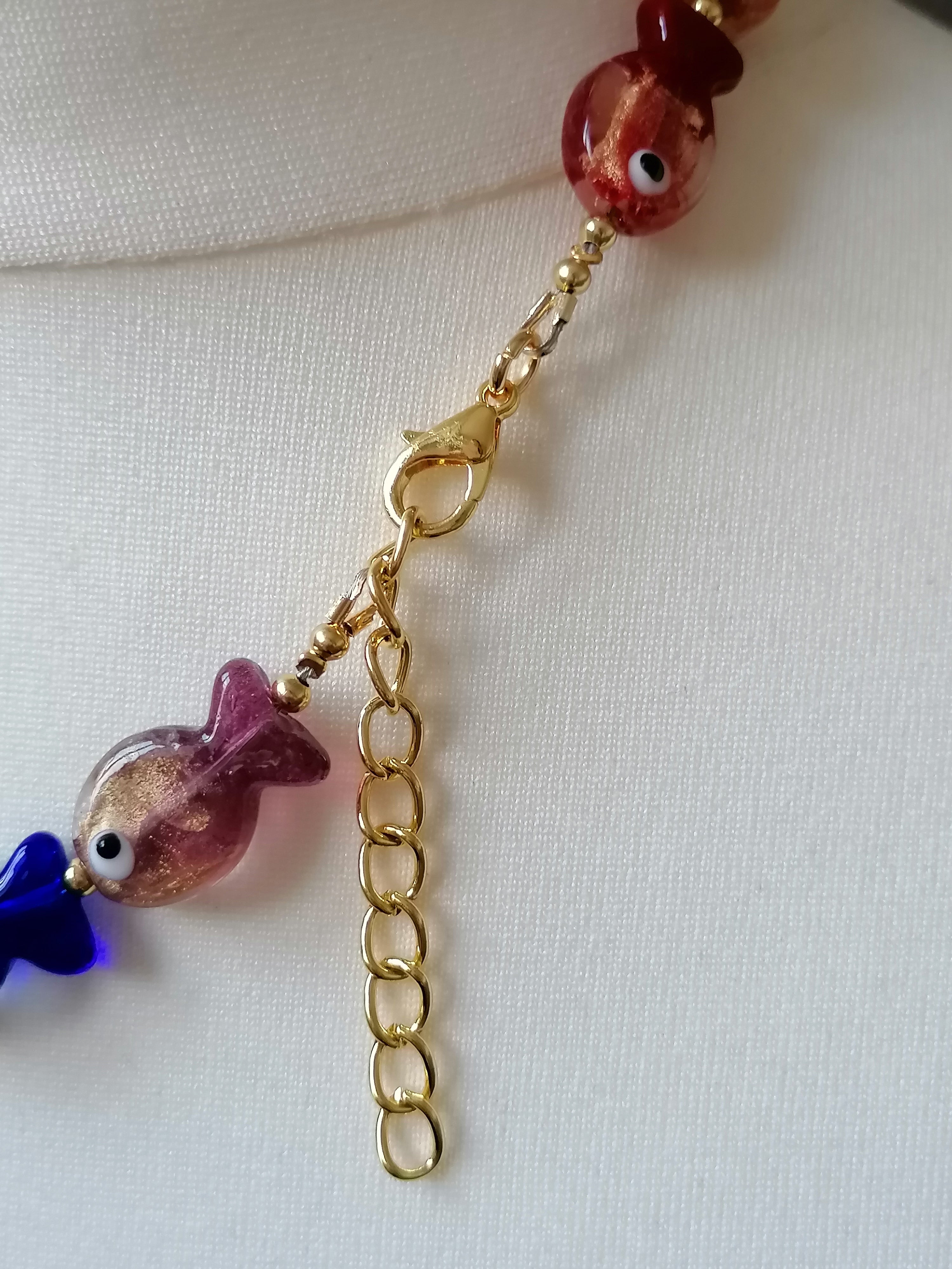 Multicolour Glass Fish Necklace | Red Orange Green Blue Purple | Gold Plated