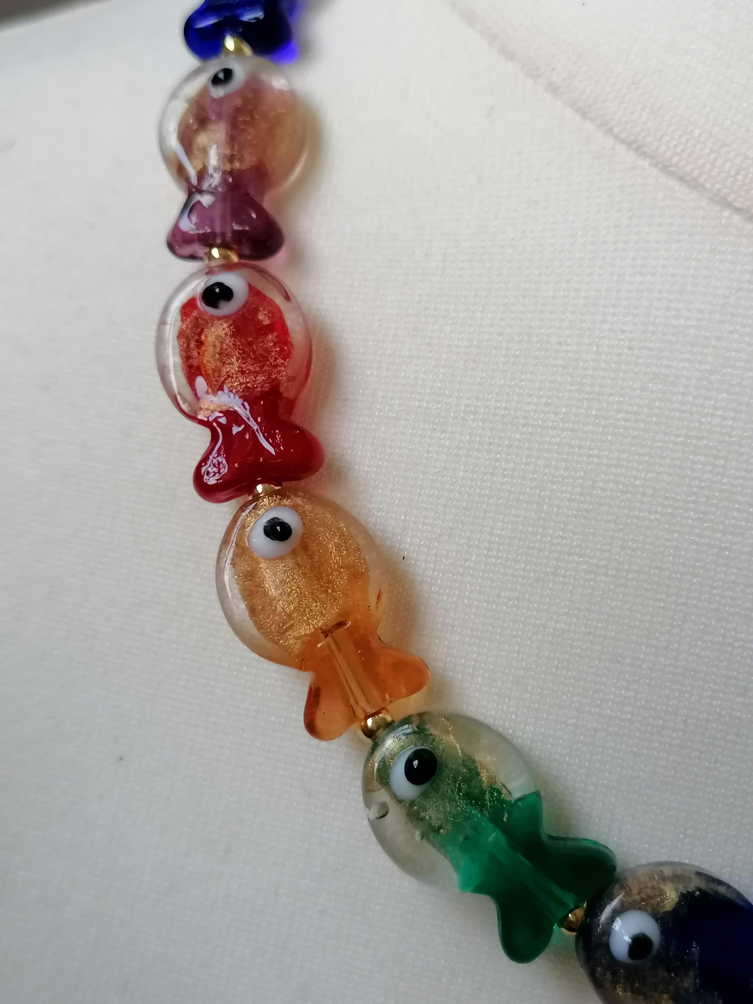 Multicolour Glass Fish Necklace | Red Orange Green Blue Purple | Gold Plated