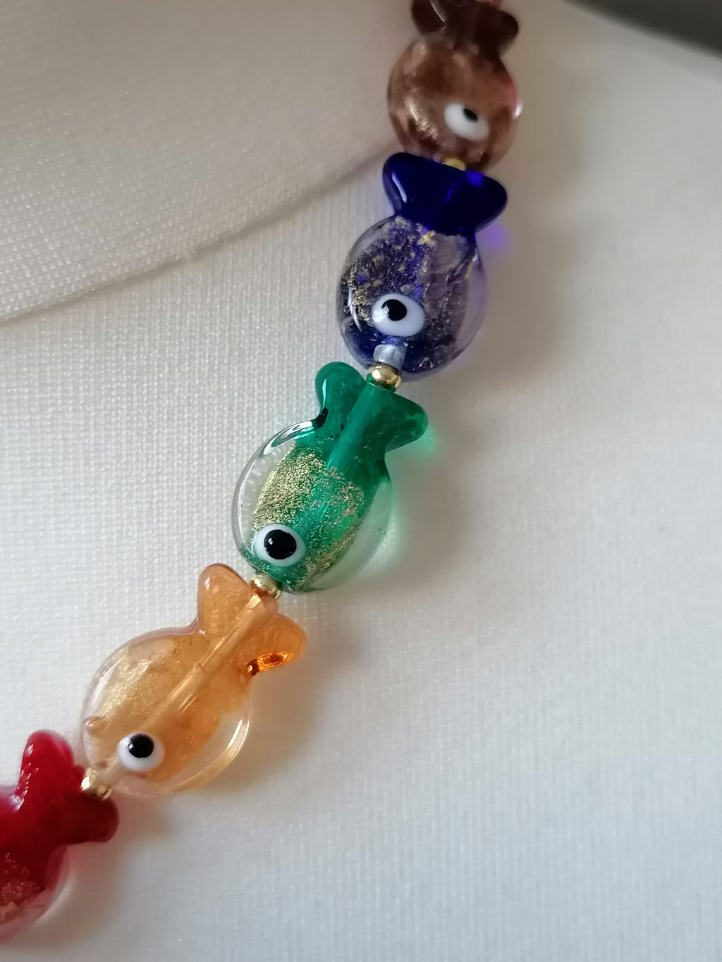 Multicolour Glass Fish Necklace | Red Orange Green Blue Purple | Gold Plated