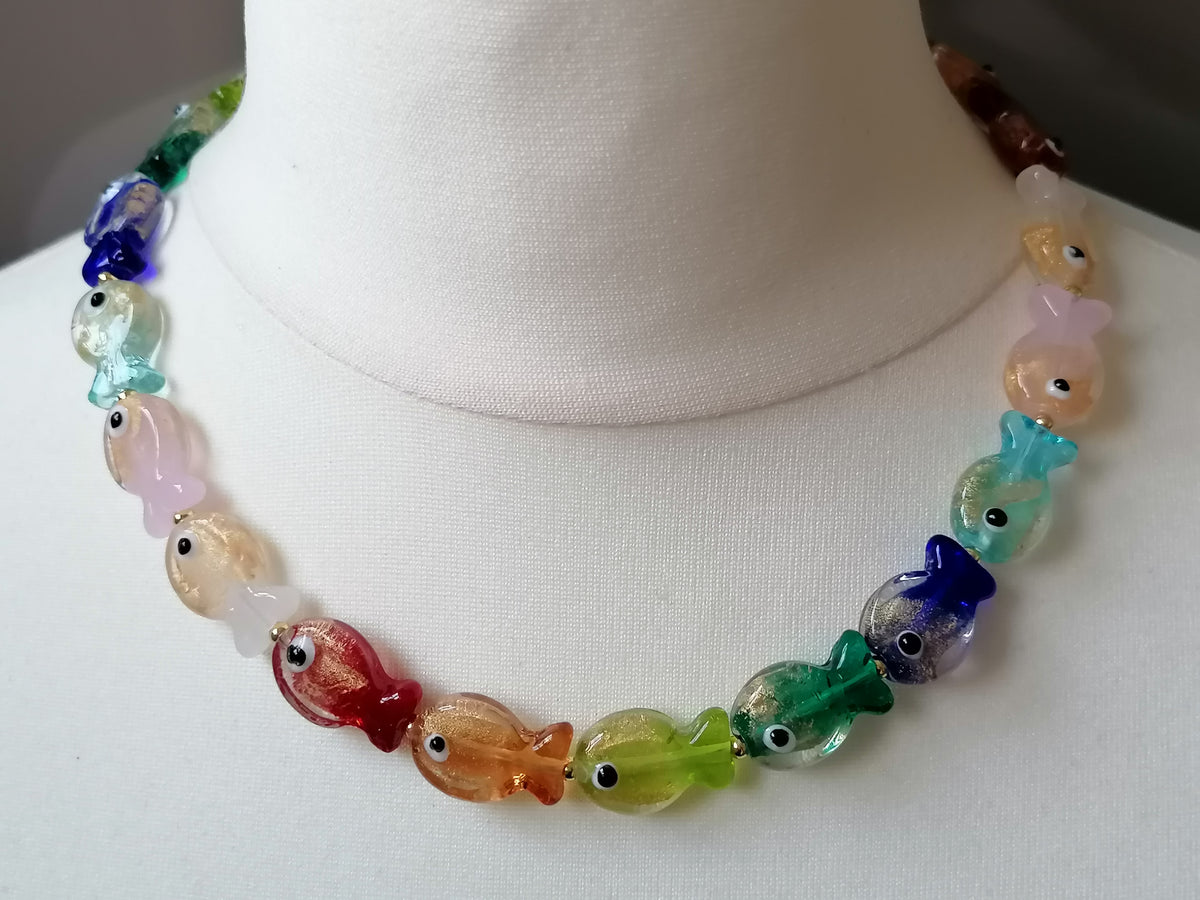 Multicolour Glass Fish Necklace | Gold Plated