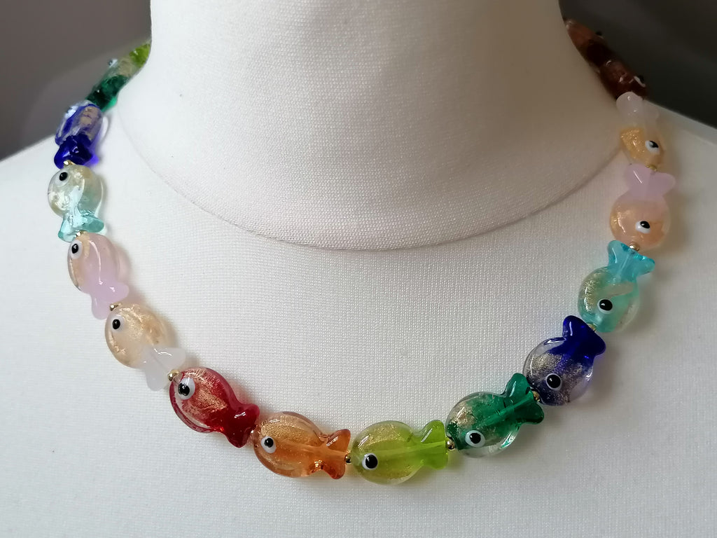 Multicolour Glass Fish Necklace | Gold Plated