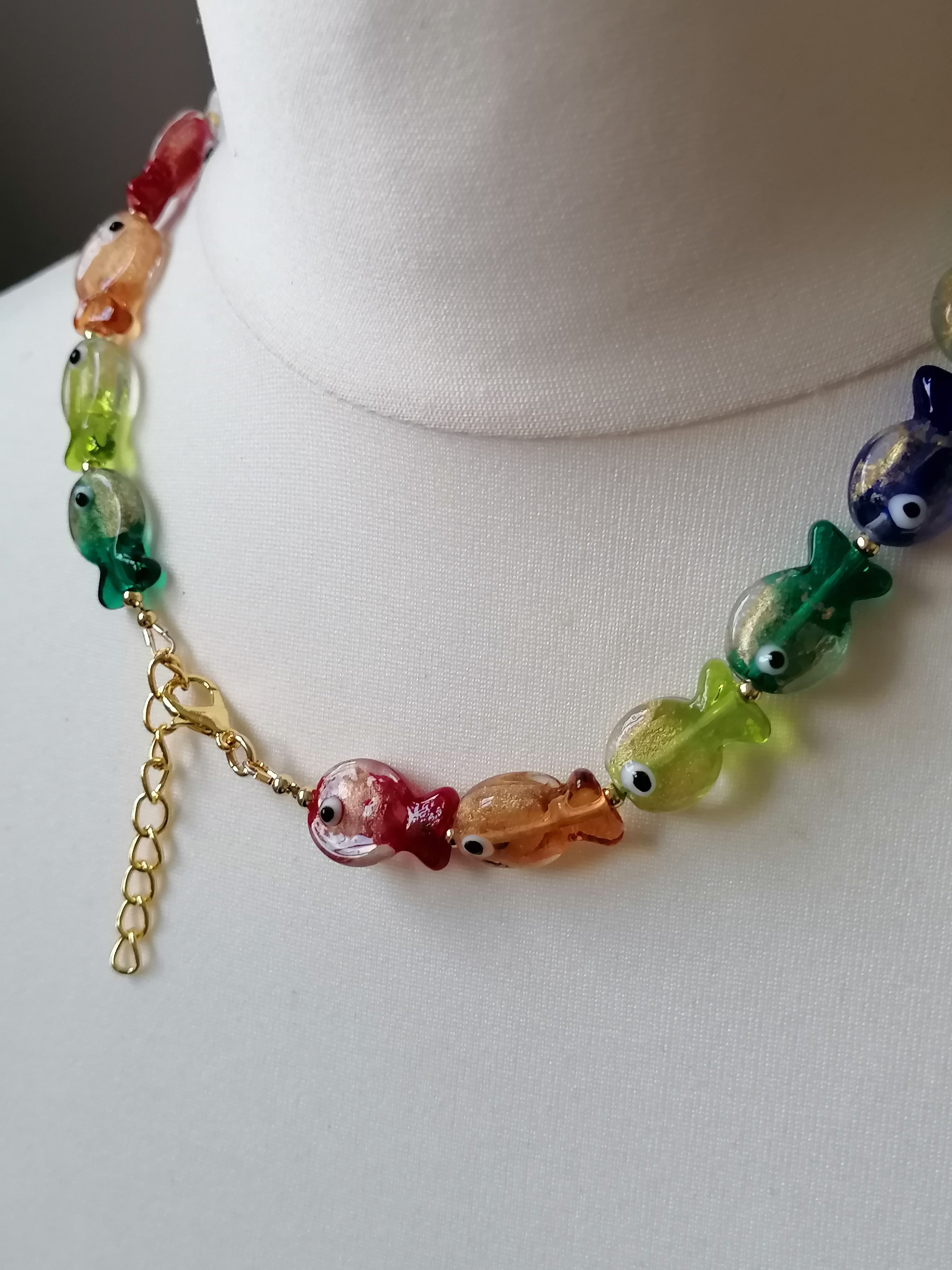 Multicolour Glass Fish Necklace | Gold Plated