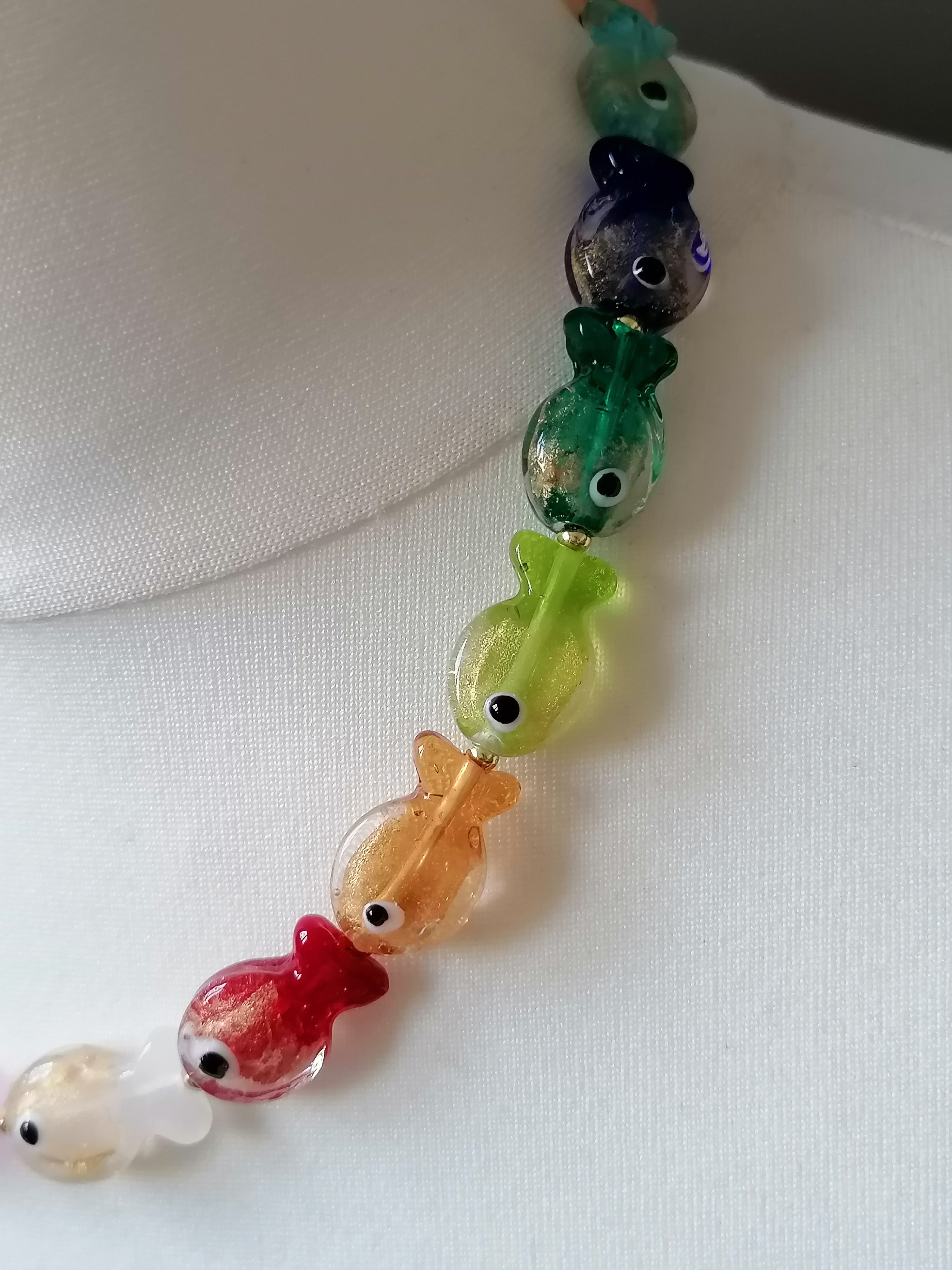 Multicolour Glass Fish Necklace | Gold Plated