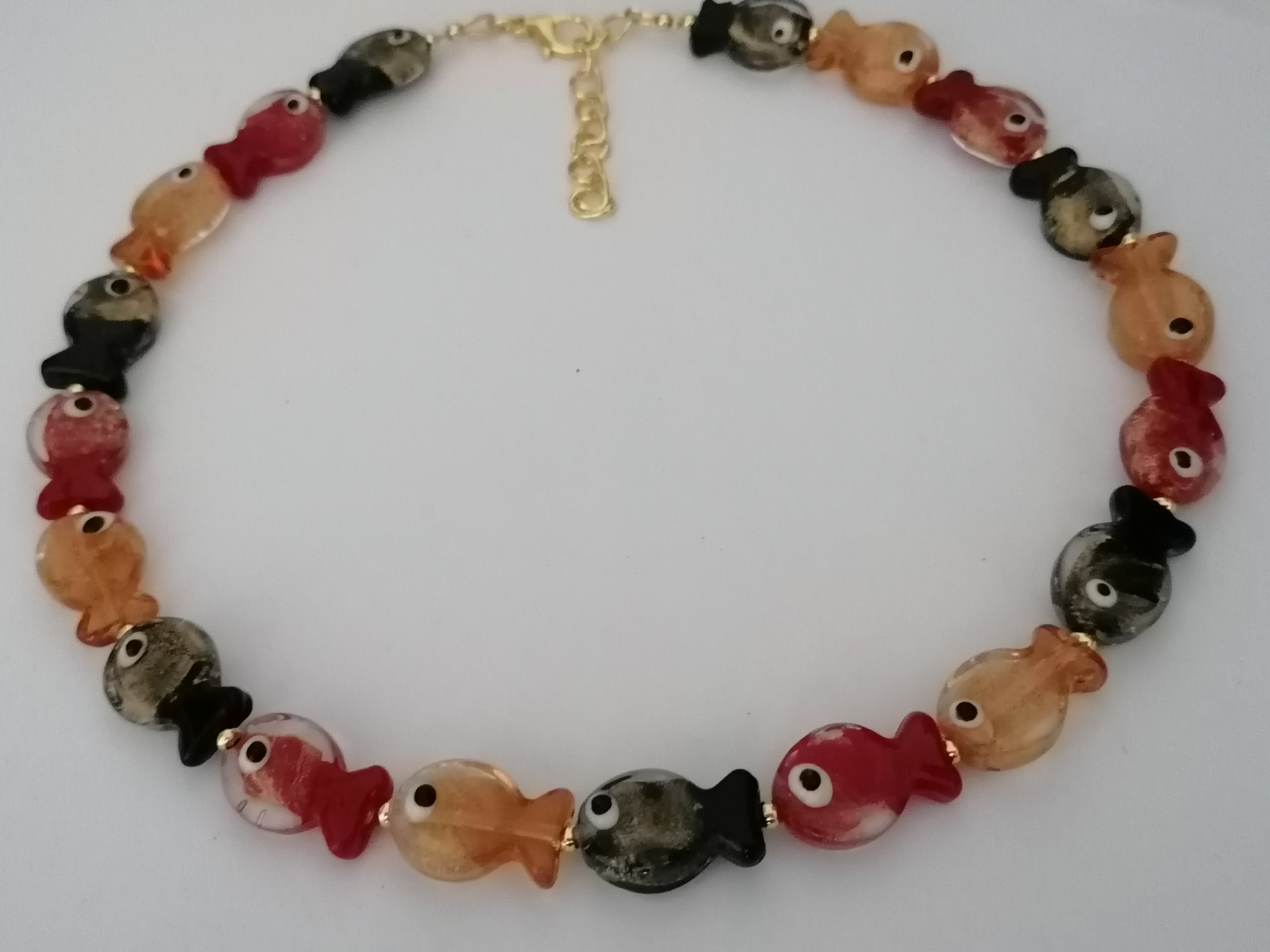 Multicolour Glass Fish Necklace | Red Orange & Black | Gold Plated