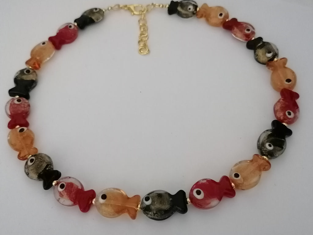 Multicolour Glass Fish Necklace | Red Orange & Black | Gold Plated