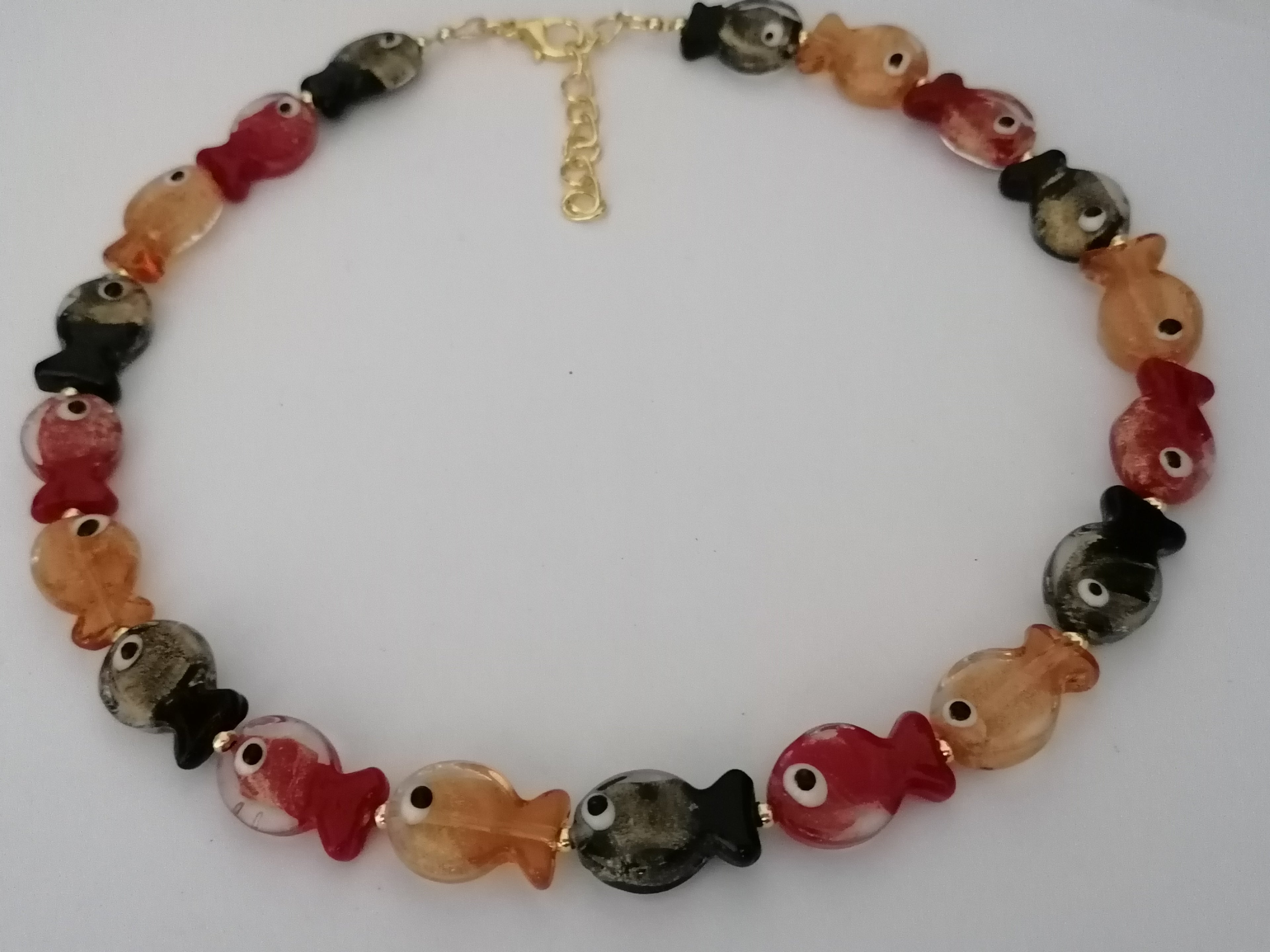 Multicolour Glass Fish Necklace | Red Orange & Black | Gold Plated
