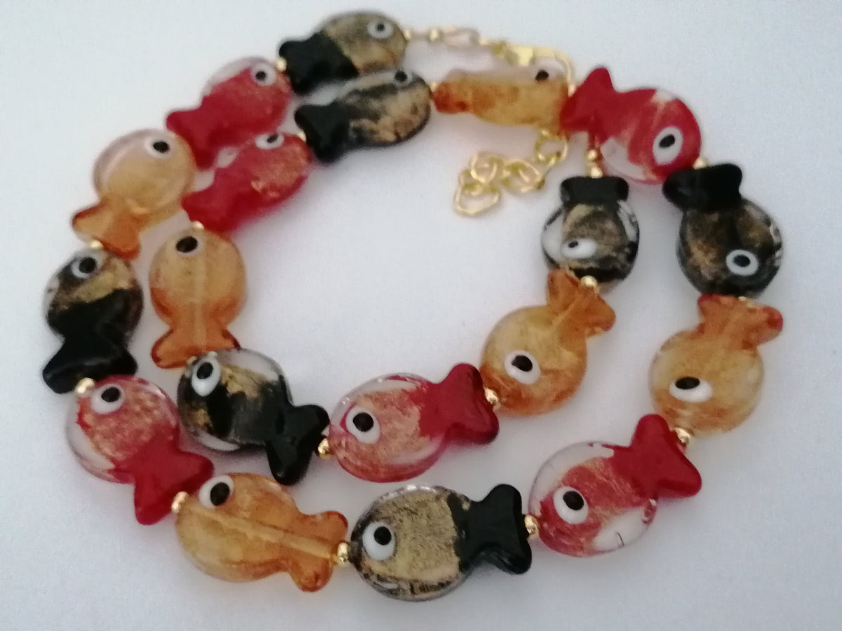 Multicolour Glass Fish Necklace | Red Orange & Black | Gold Plated
