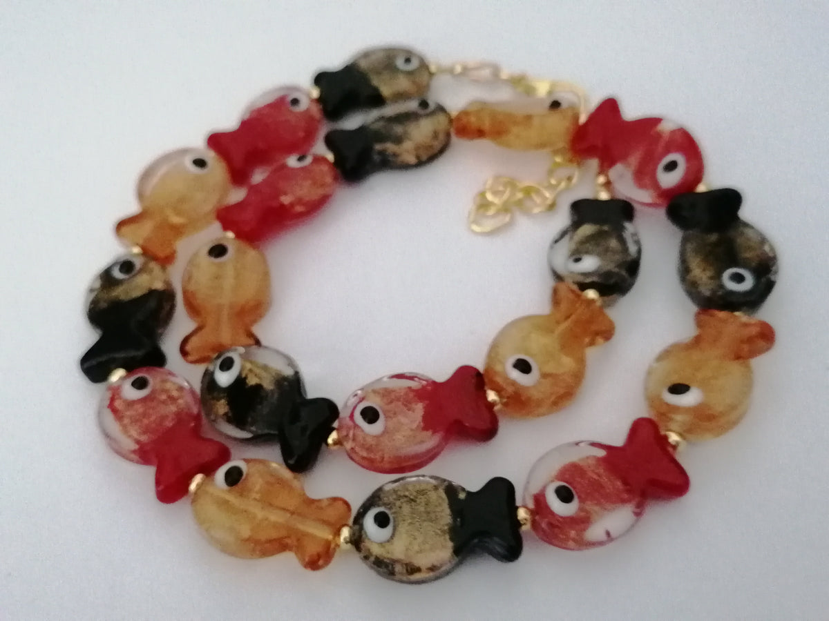 Multicolour Glass Fish Necklace | Red Orange & Black | Gold Plated