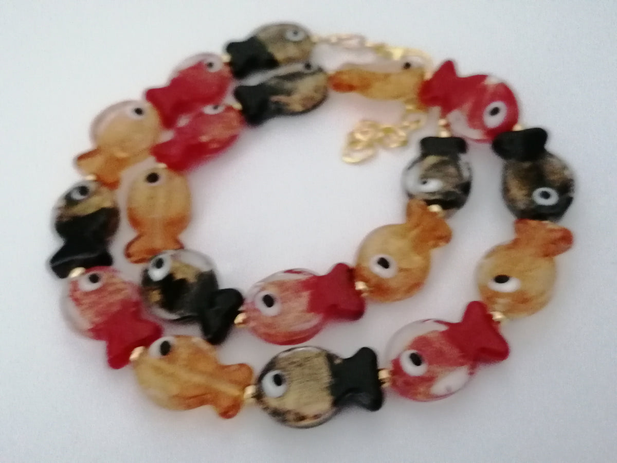 Multicolour Glass Fish Necklace | Red Orange & Black | Gold Plated