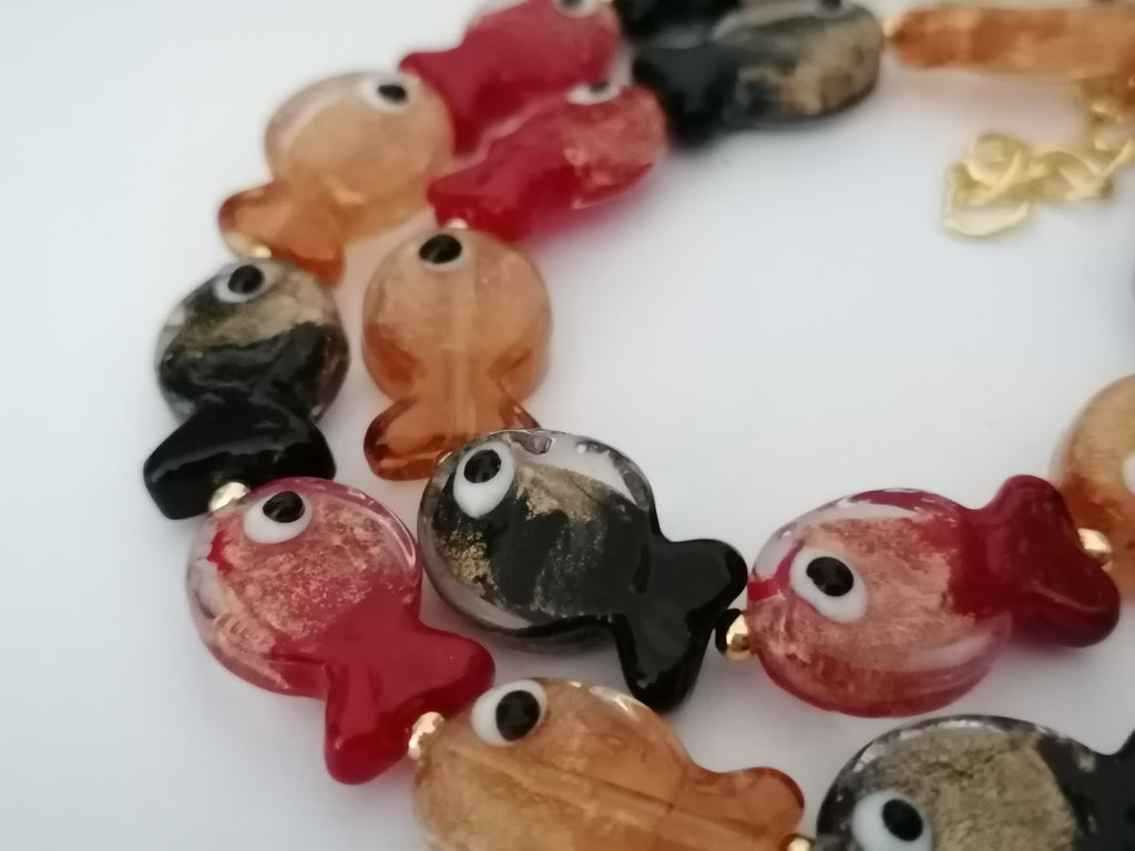 Multicolour Glass Fish Necklace | Red Orange & Black | Gold Plated