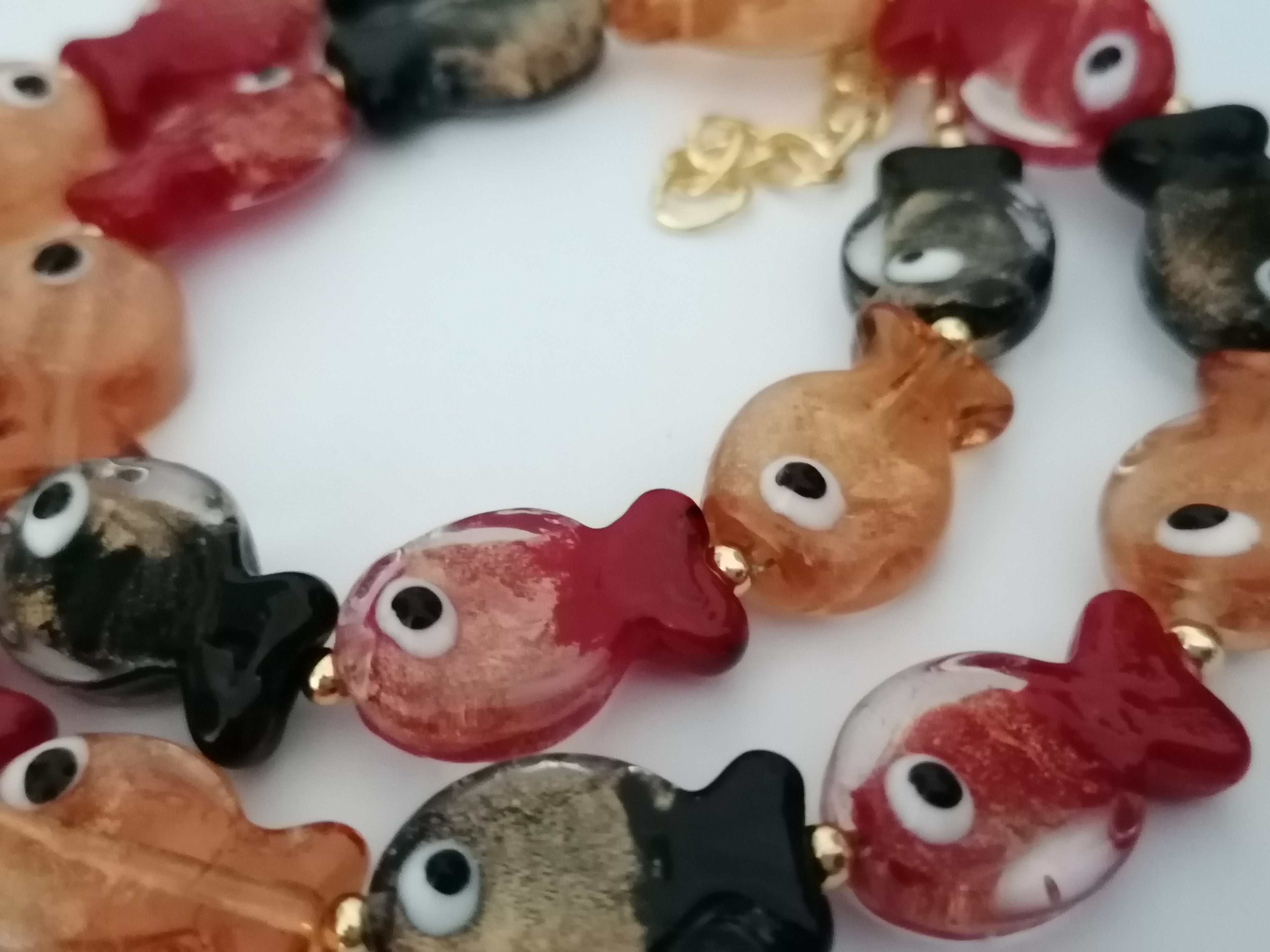 Multicolour Glass Fish Necklace | Red Orange & Black | Gold Plated