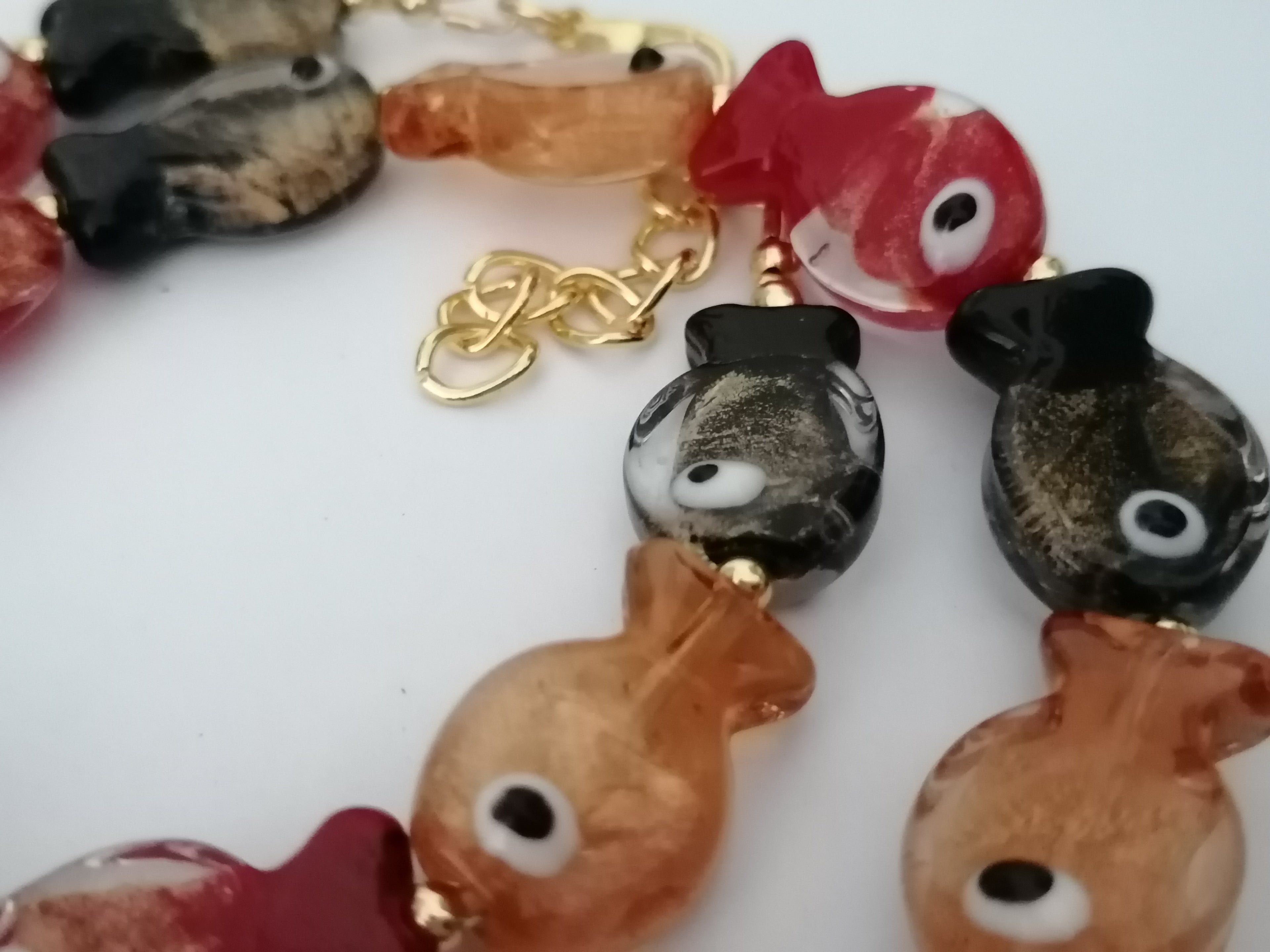Multicolour Glass Fish Necklace | Red Orange & Black | Gold Plated