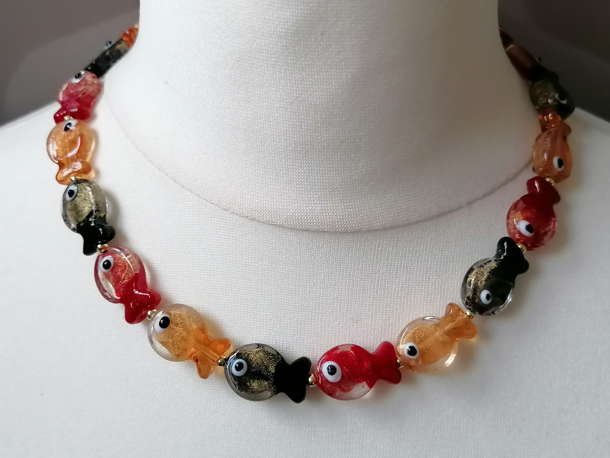 Multicolour Glass Fish Necklace | Red Orange & Black | Gold Plated