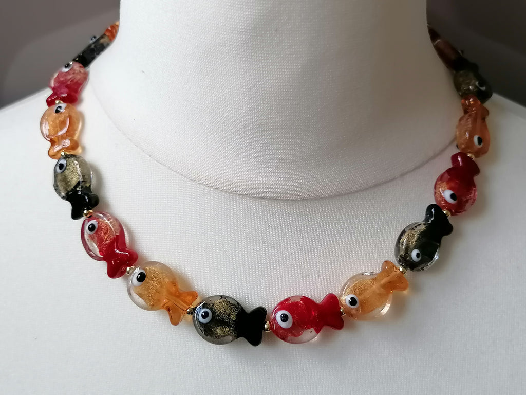 Multicolour Glass Fish Necklace | Red Orange & Black | Gold Plated