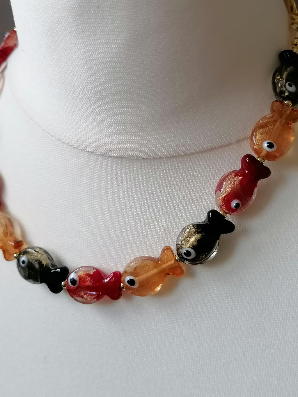 Multicolour Glass Fish Necklace | Red Orange & Black | Gold Plated