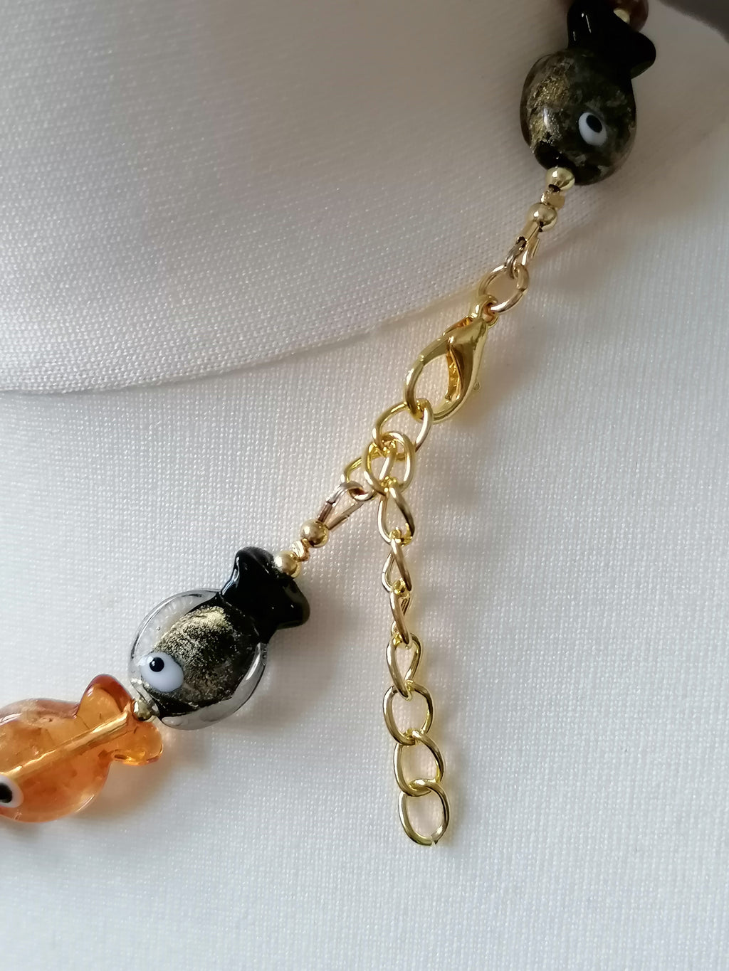 Multicolour Glass Fish Necklace | Red Orange & Black | Gold Plated