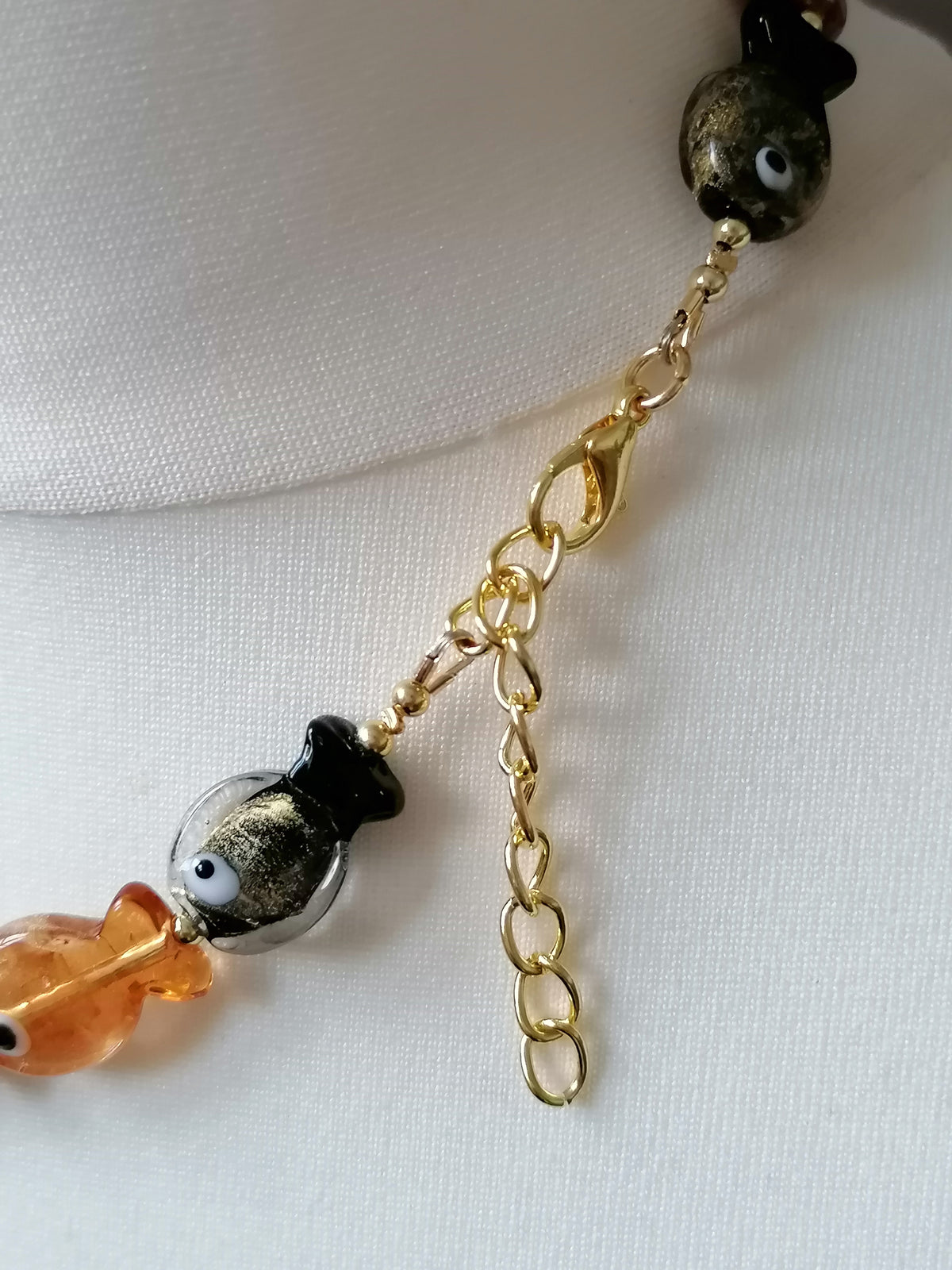 Multicolour Glass Fish Necklace | Red Orange & Black | Gold Plated