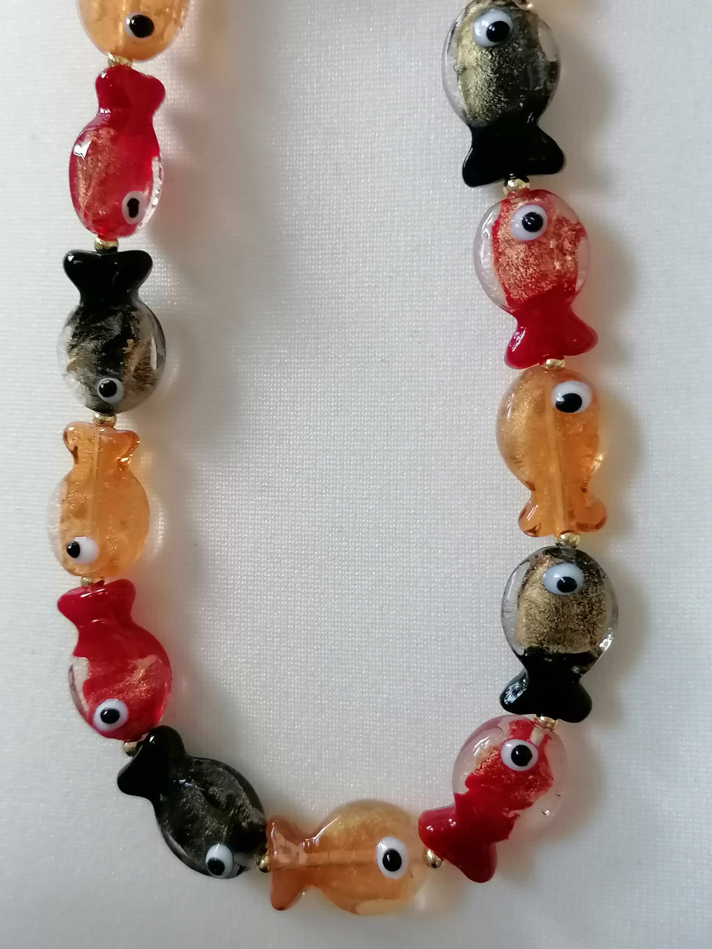 Multicolour Glass Fish Necklace | Red Orange & Black | Gold Plated