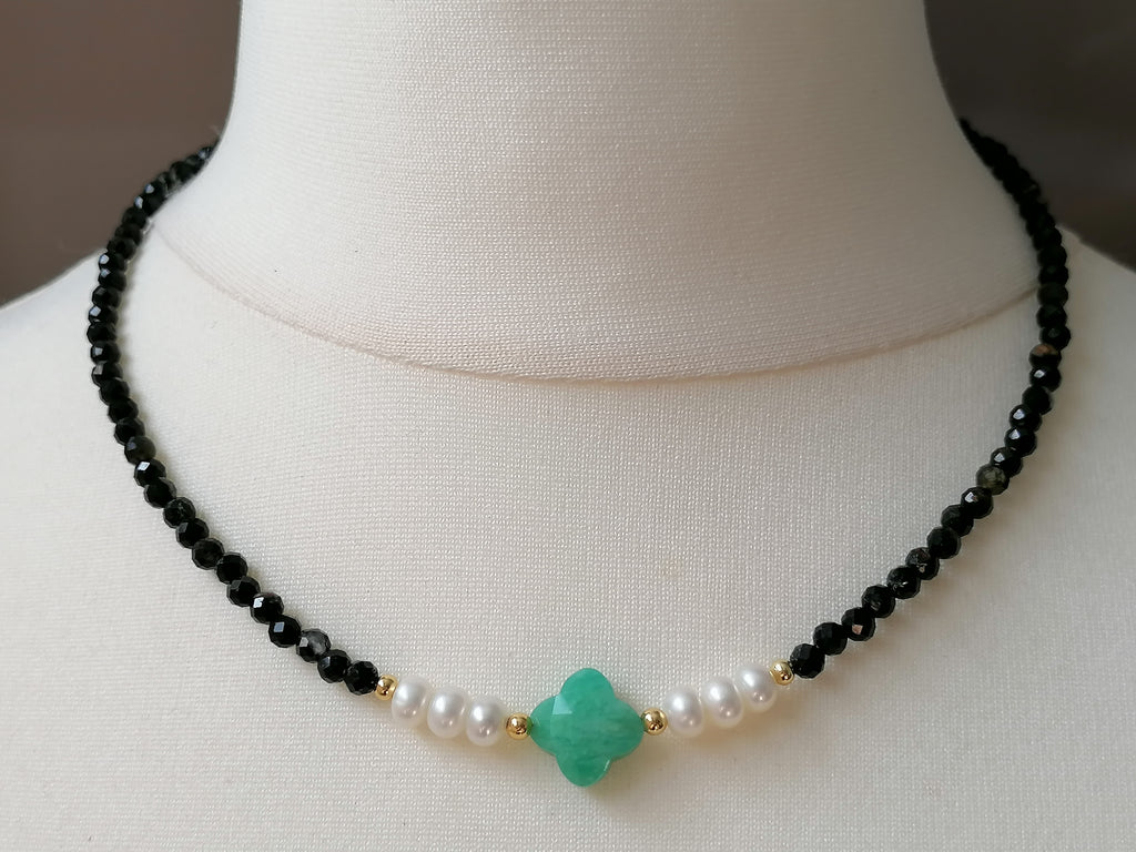 Black Tourmaline, Russian Amazonite & Freshwater Pearl Necklace