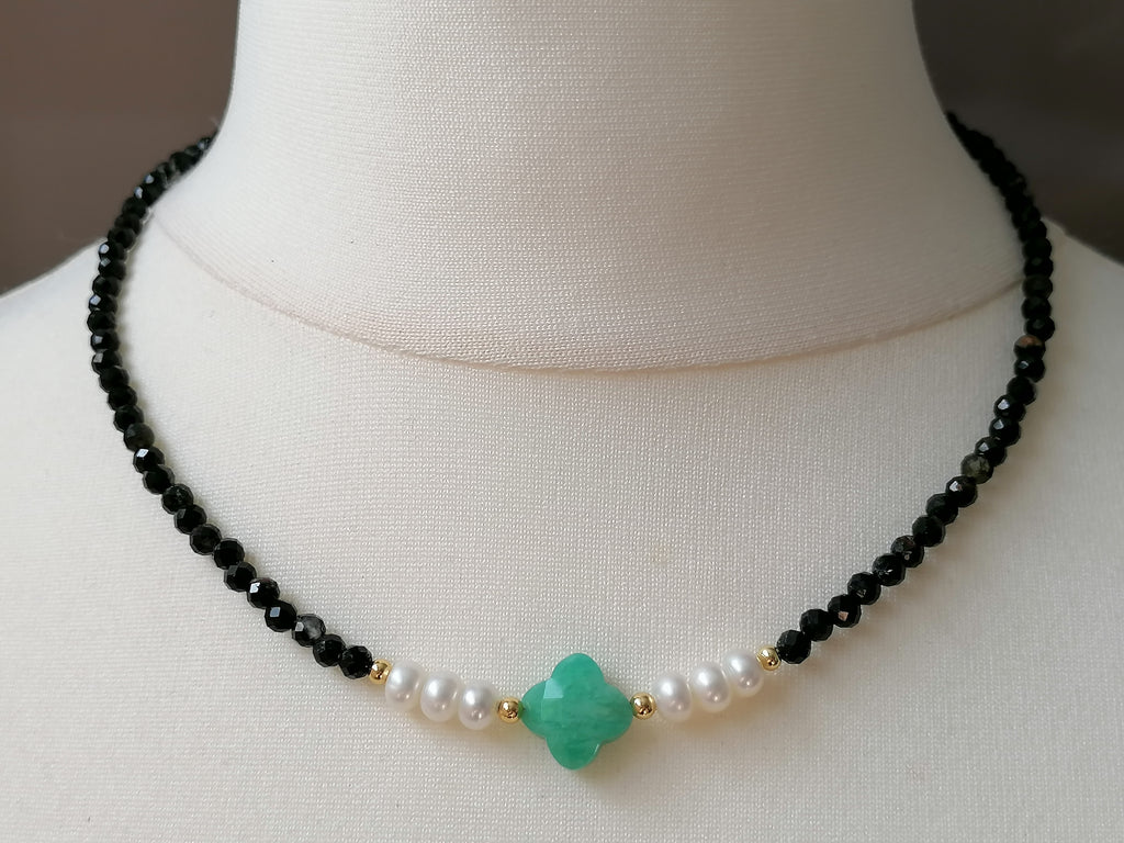 Black Tourmaline, Russian Amazonite & Freshwater Pearl Necklace