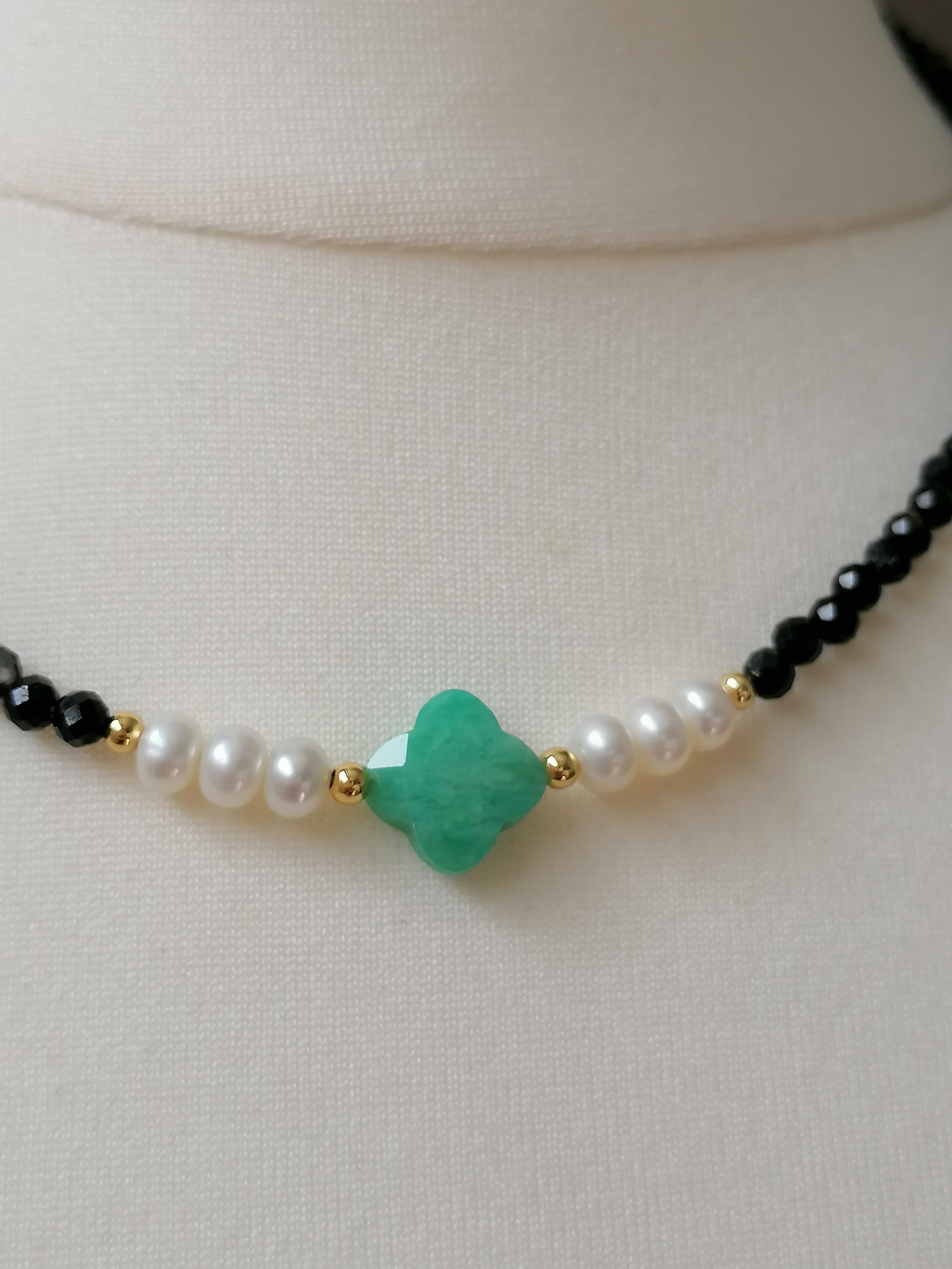 Black Tourmaline, Russian Amazonite & Freshwater Pearl Necklace