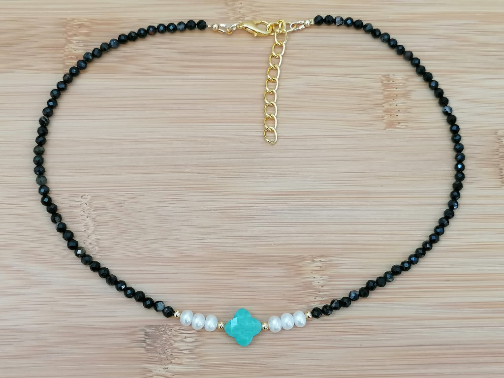 Black Tourmaline, Russian Amazonite & Freshwater Pearl Necklace
