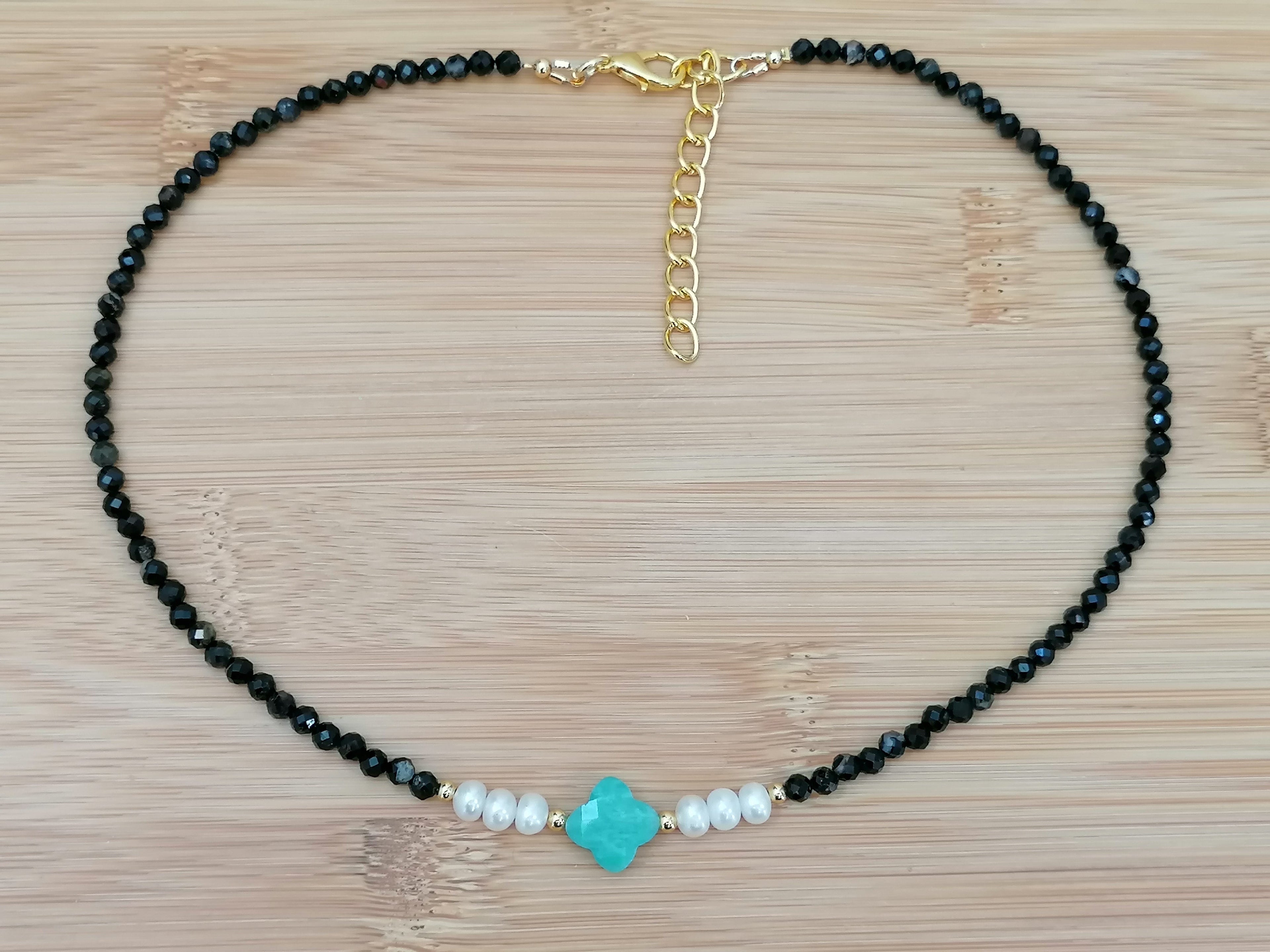 Black Tourmaline, Russian Amazonite & Freshwater Pearl Necklace