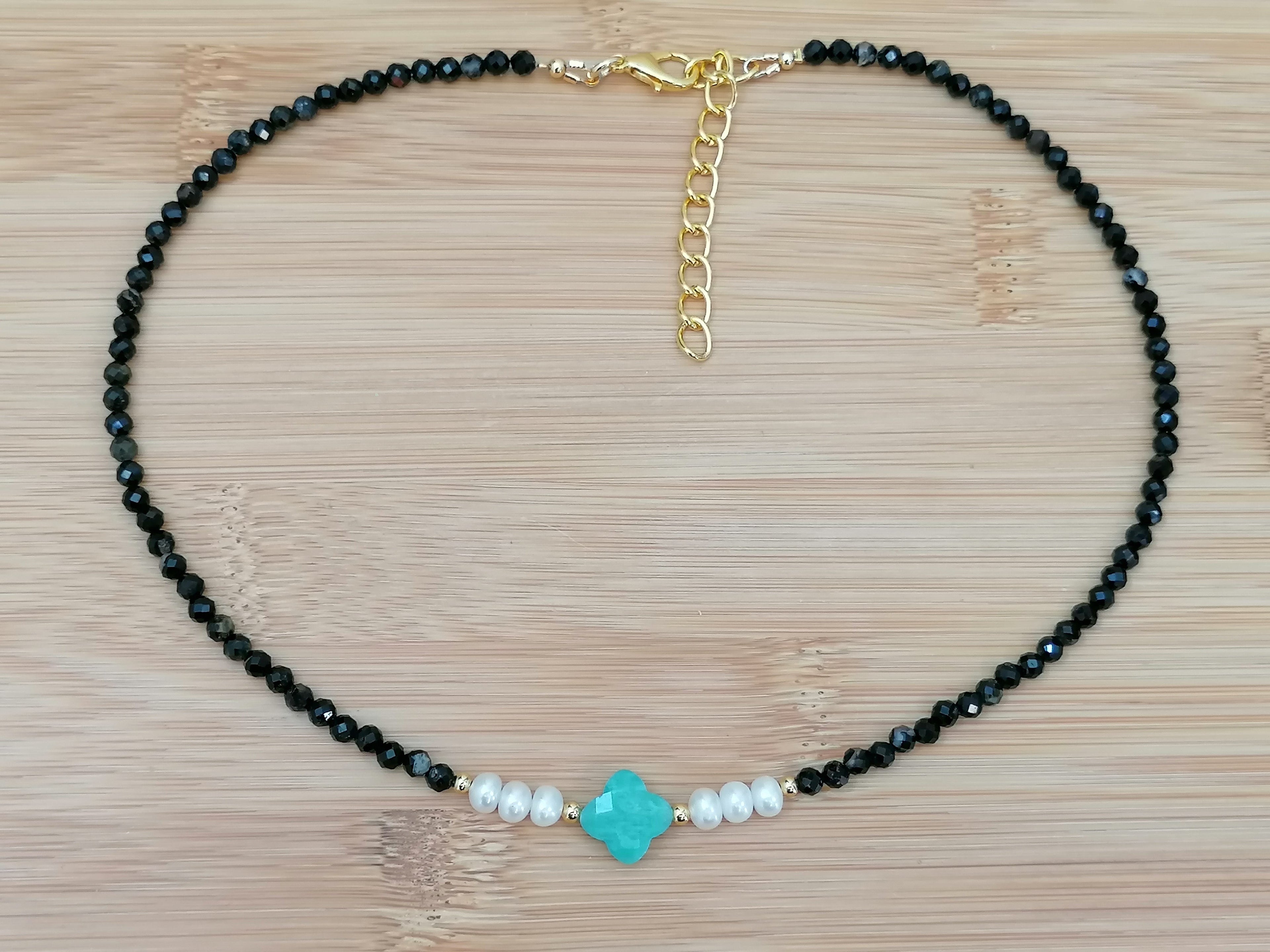 Black Tourmaline, Russian Amazonite & Freshwater Pearl Necklace