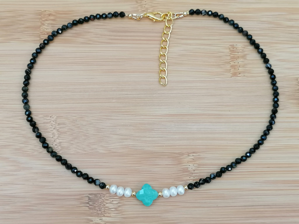 Black Tourmaline, Russian Amazonite & Freshwater Pearl Necklace